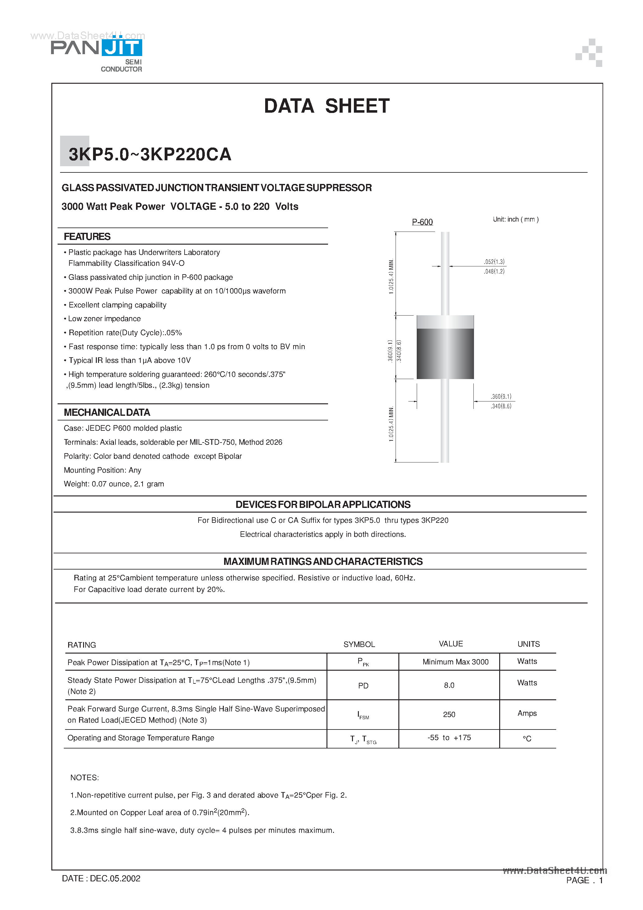 Даташит 3KP10 - (3KP5.0 - 3KP220CA) GLASS PASSIVATED JUNCTION TRANSIENT VOLTAGE SUPPRESSOR страница 1
