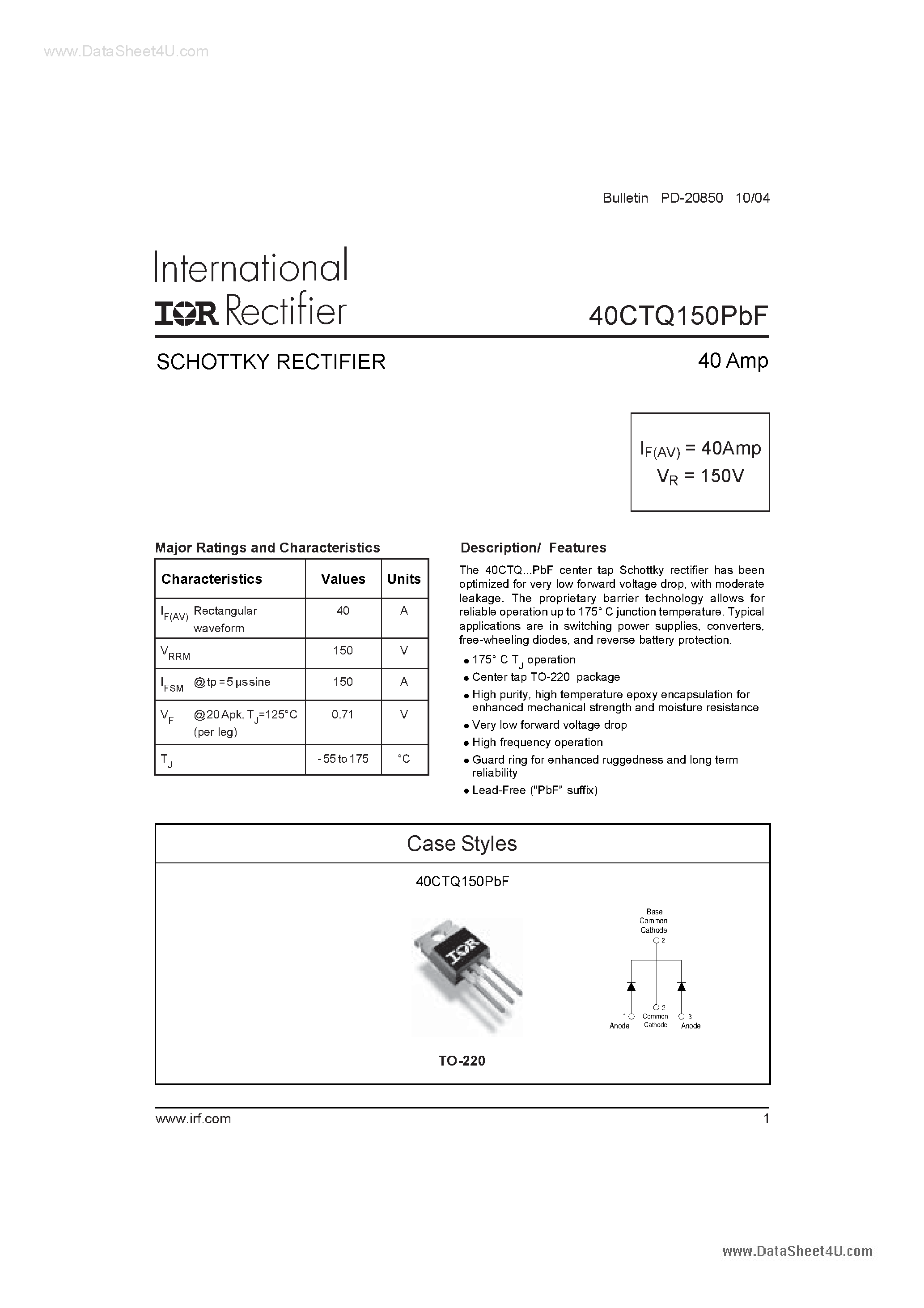 Datasheet 40CTQ150PBF page 1 Datasheet 40CTQ150PBF - SCHOTTKY RECTIFIER page 1