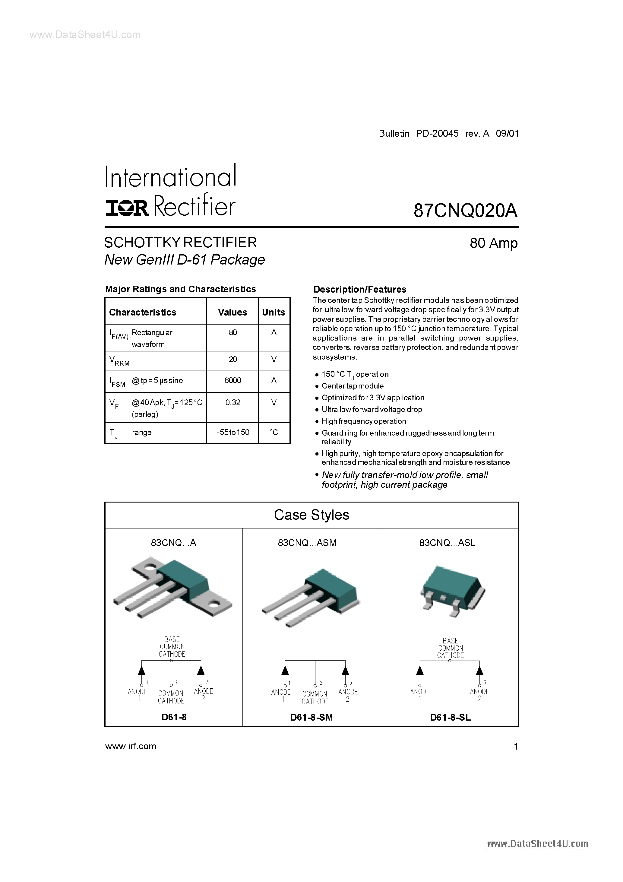Datasheet 87CNQ020A page 1 Datasheet 87CNQ020A - SCHOTTKY RECTIFIER page 1