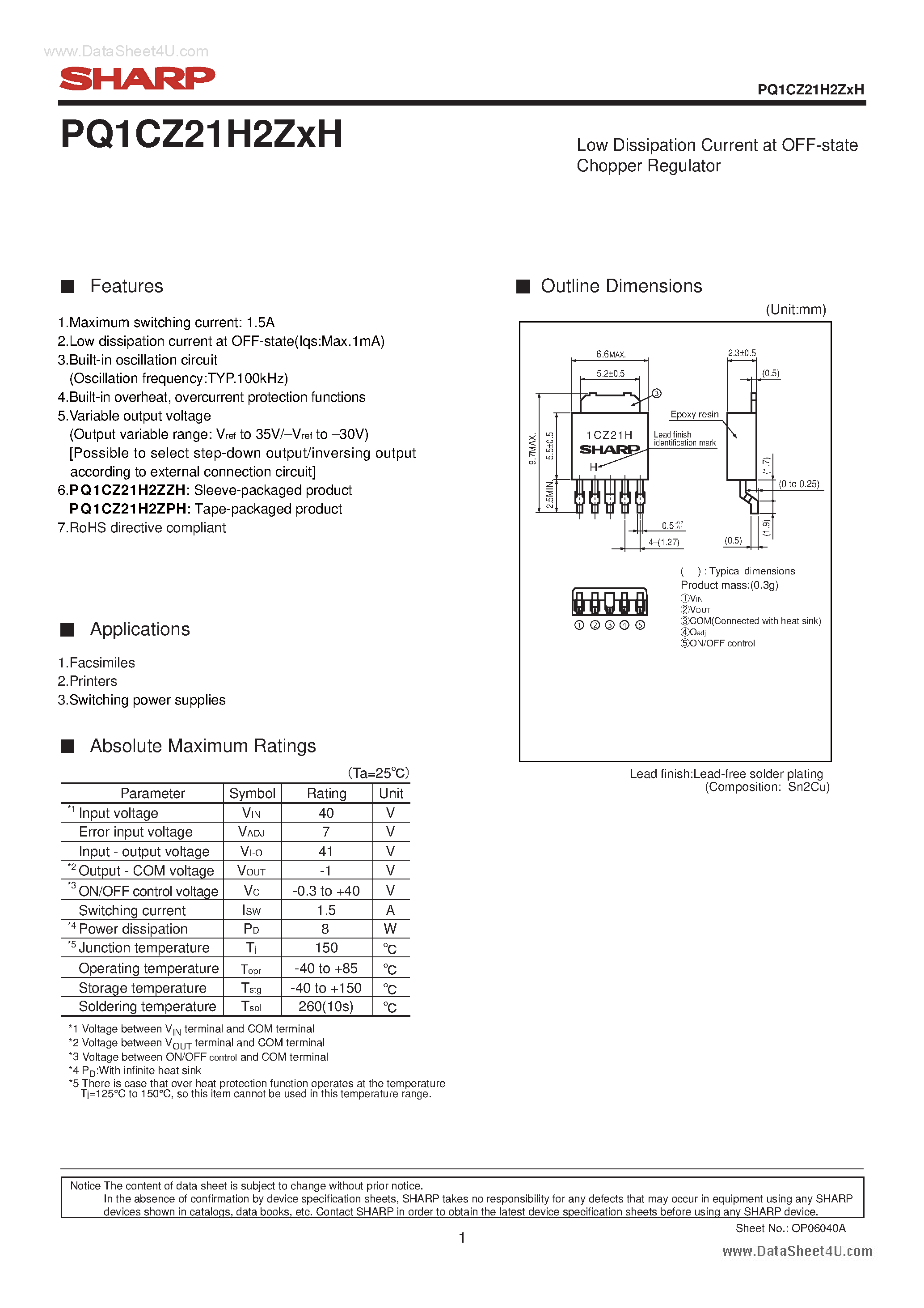 Datasheet PQ1CZ21H2ZPH page 1 Datasheet PQ1CZ21H2ZPH - Low Dissipation Current at OFF-state Chopper Regulator page 1