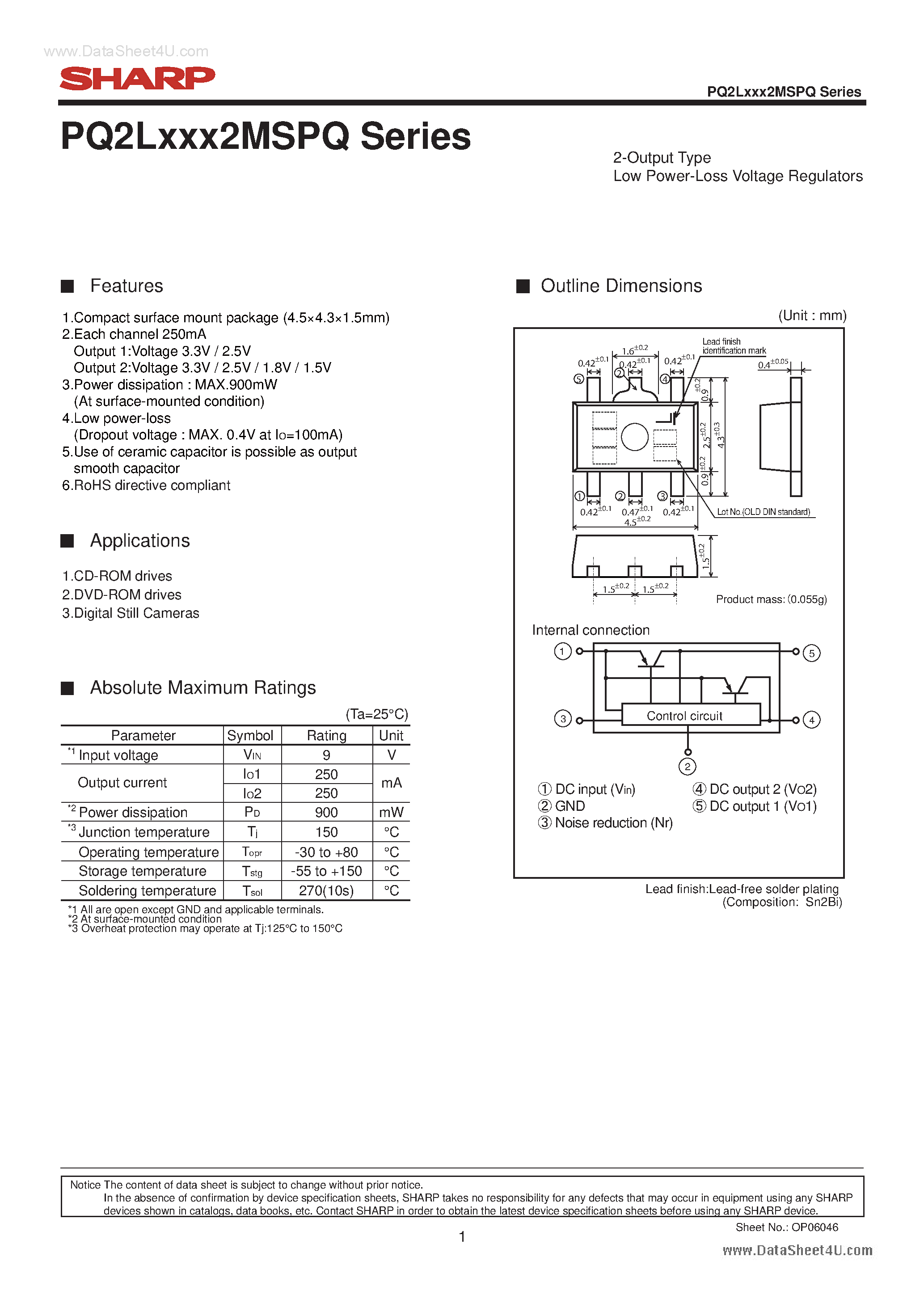 Datasheet PQ2L2152MSPQ - (PQ2Lxxx2MSPQ) 2-Output Type Low Power-Loss Voltage Regulators page 1