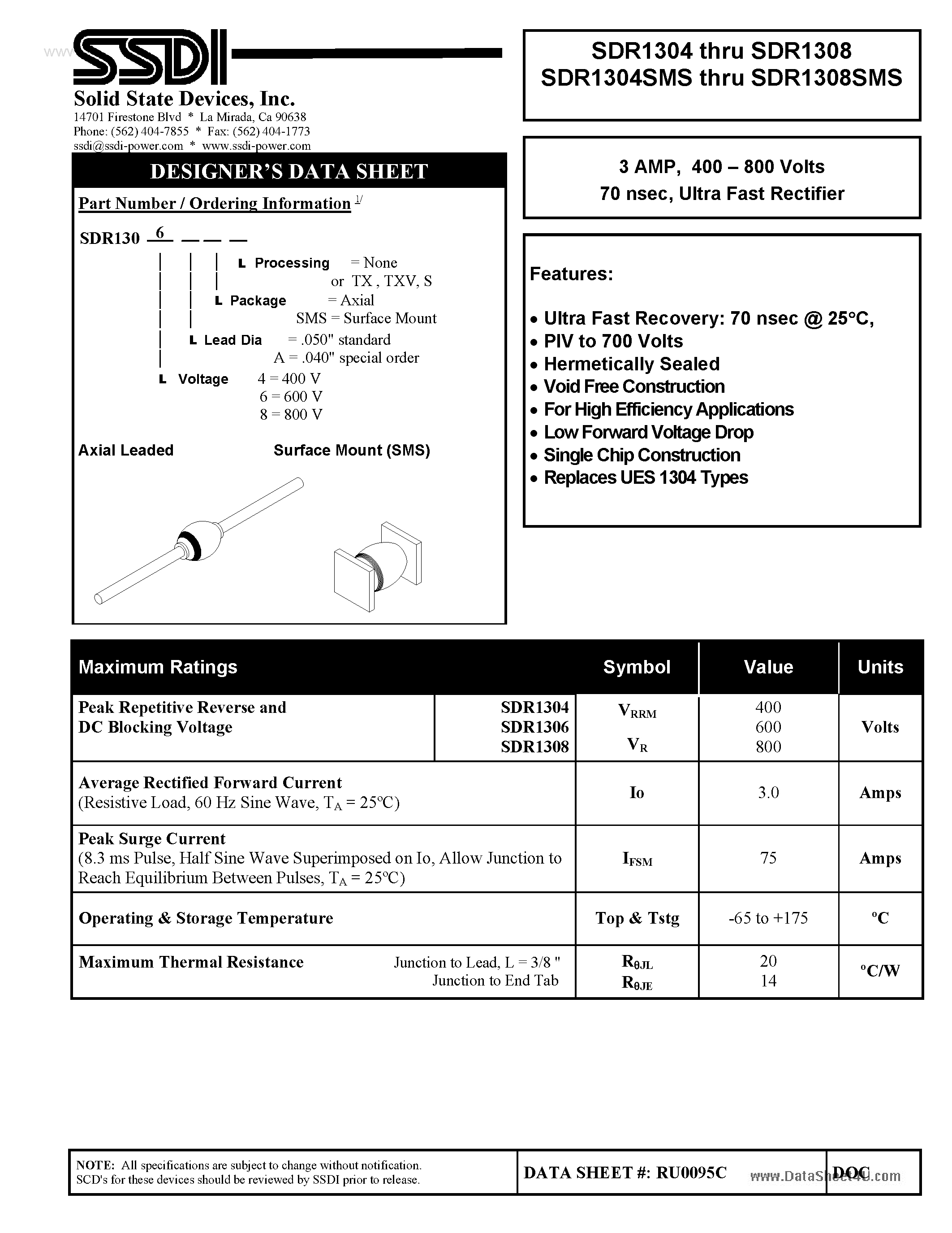Datasheet SDR1304SMS page 1 Datasheet SDR1304SMS - (SDR1304SMS - SDR1308SMS) Ultra Fast Rectifier page 1