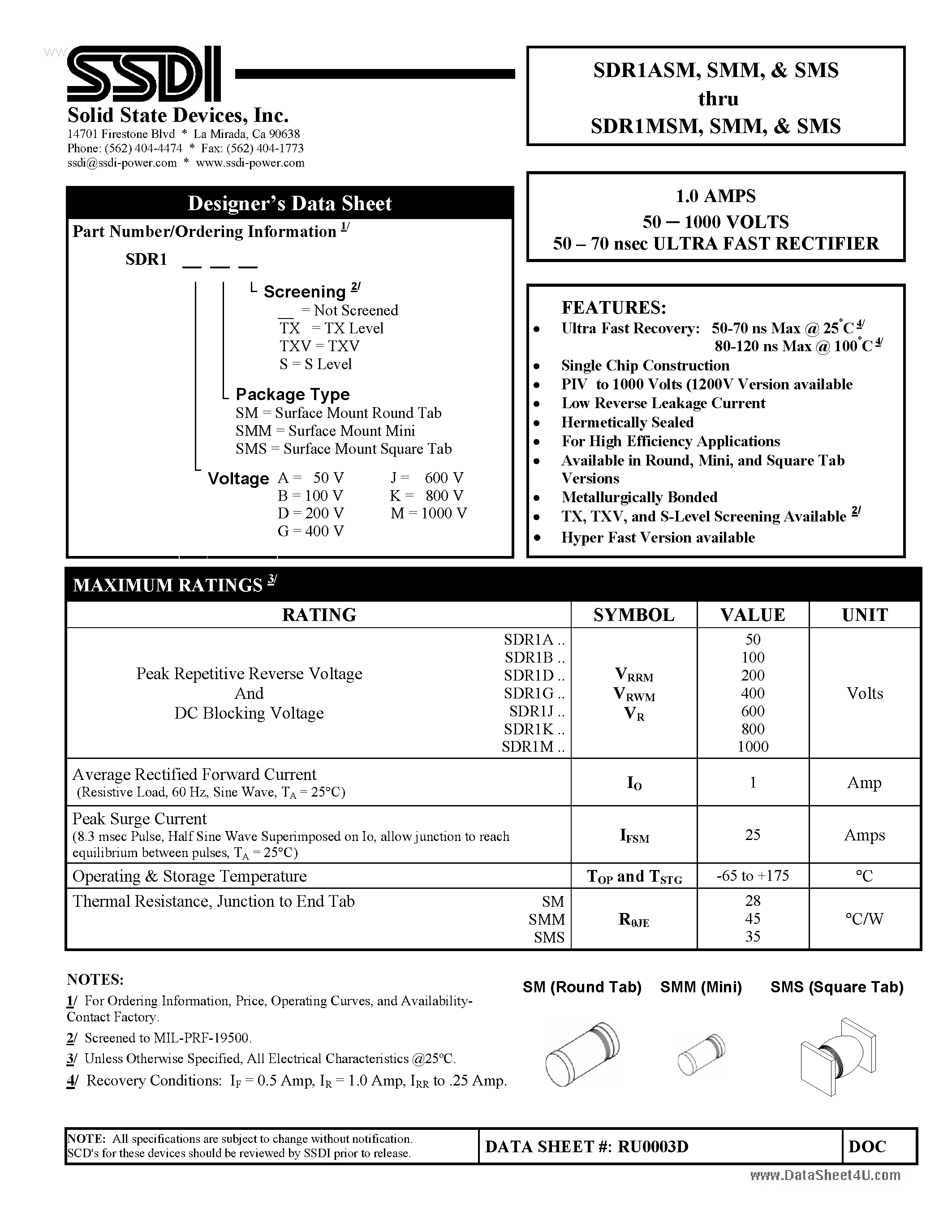 Datasheet SDR1ASM page 1 Datasheet SDR1ASM - (SDR1xxx) ULTRA FAST RECTIFIER page 1