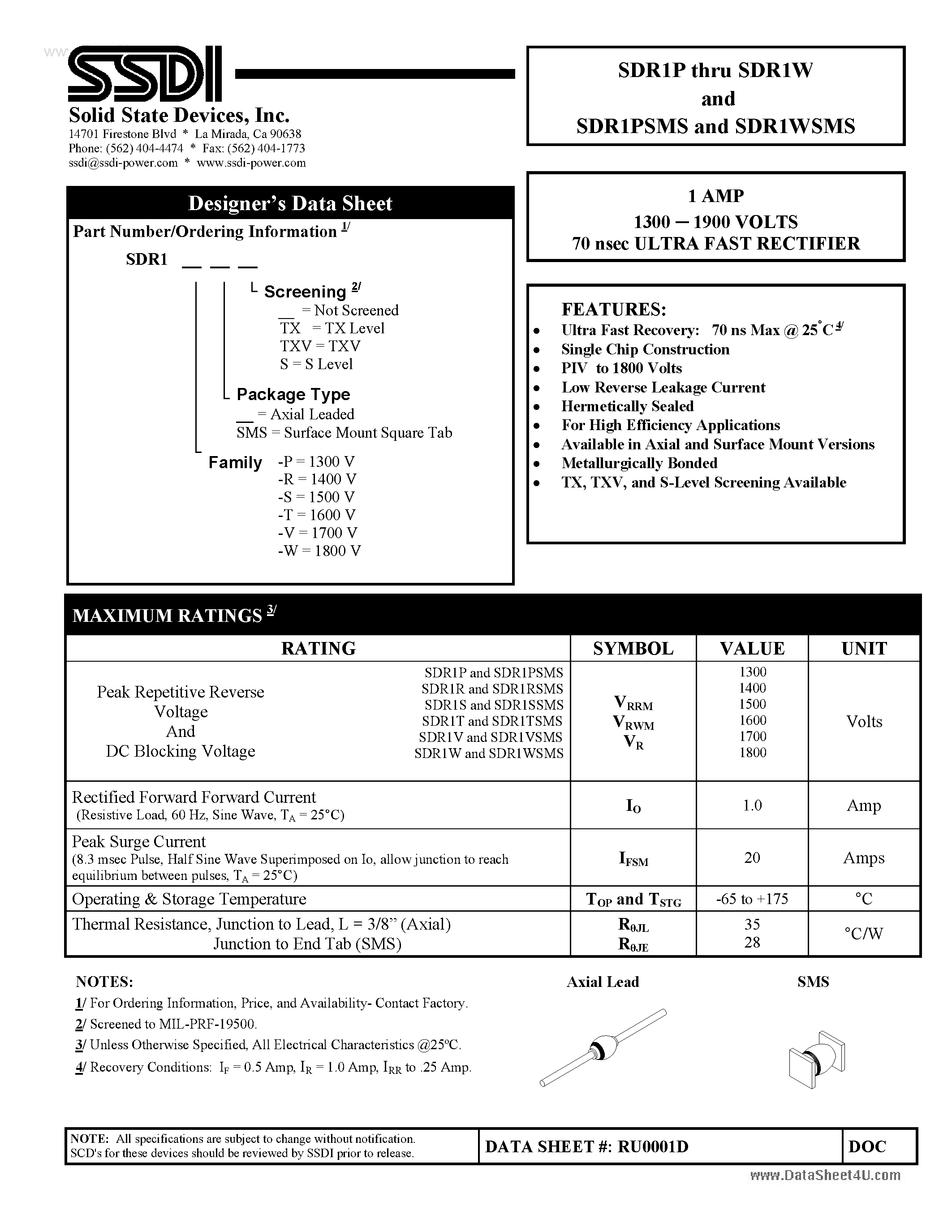 Datasheet SDR1P - (SDR1xxx) ULTRA FAST RECTIFIER page 1