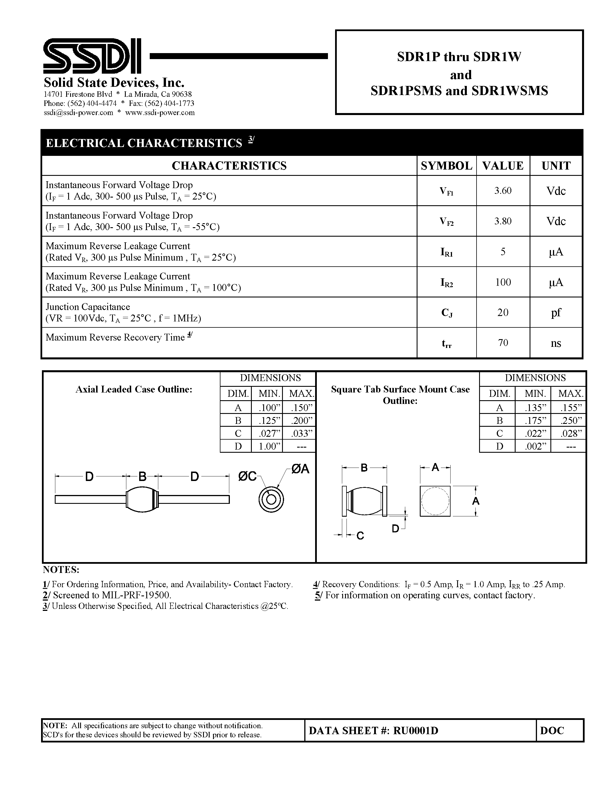 Datasheet SDR1P - (SDR1xxx) ULTRA FAST RECTIFIER page 2