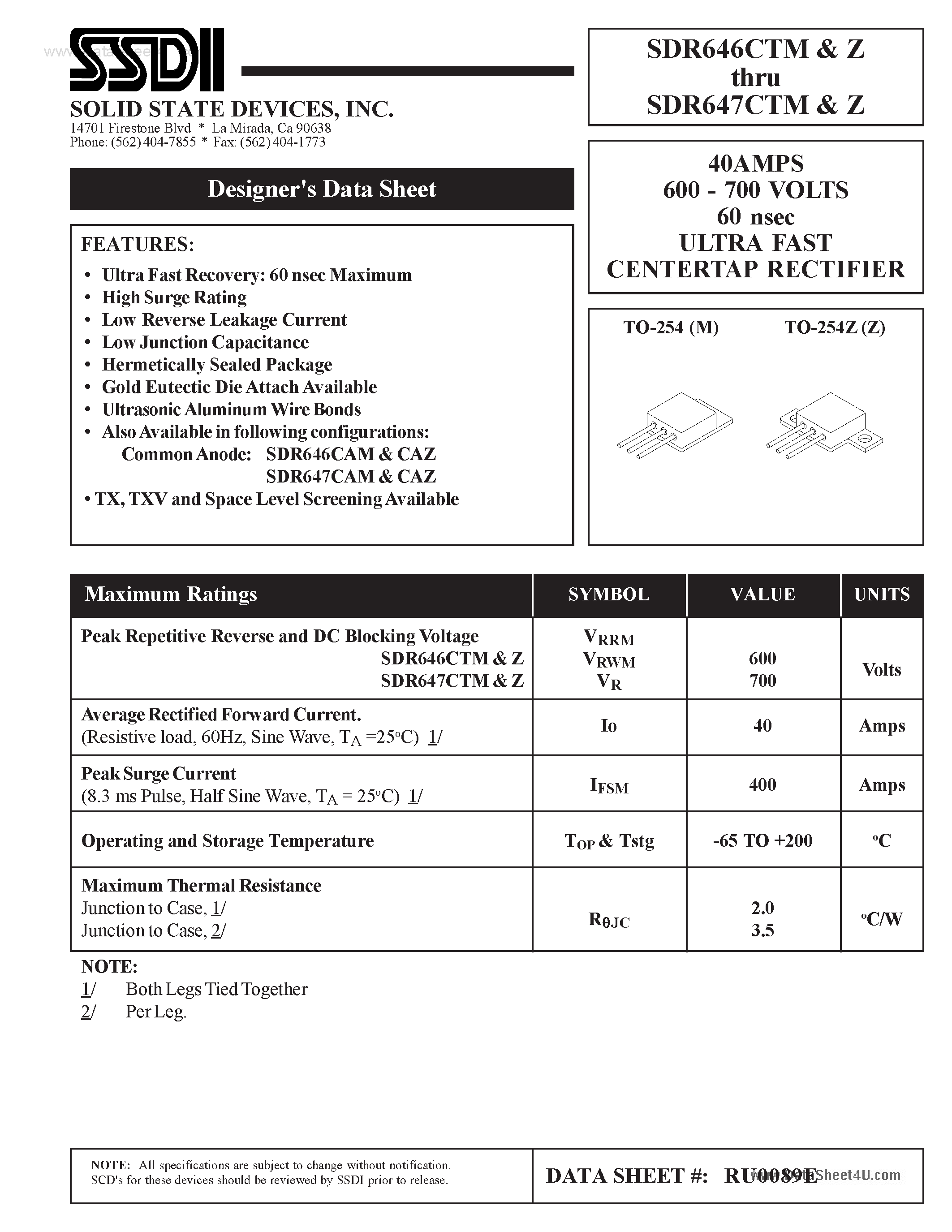 Datasheet SDR646CTM - (SDR646CTx / SDR647CTx) ULTRA FAST CENTERTAP RECTIFIER page 1