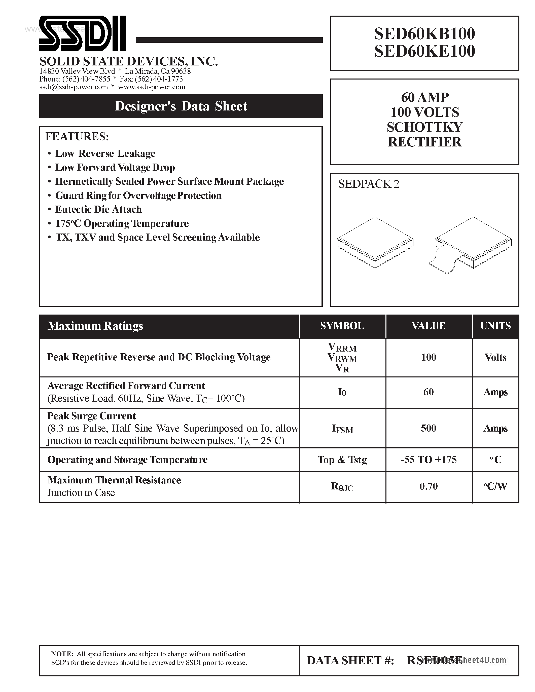 Datasheet SED60KB100 page 1 Datasheet SED60KB100 - (SED60KB100 / SED60KE100) SCHOTTKY RECTIFIER page 1