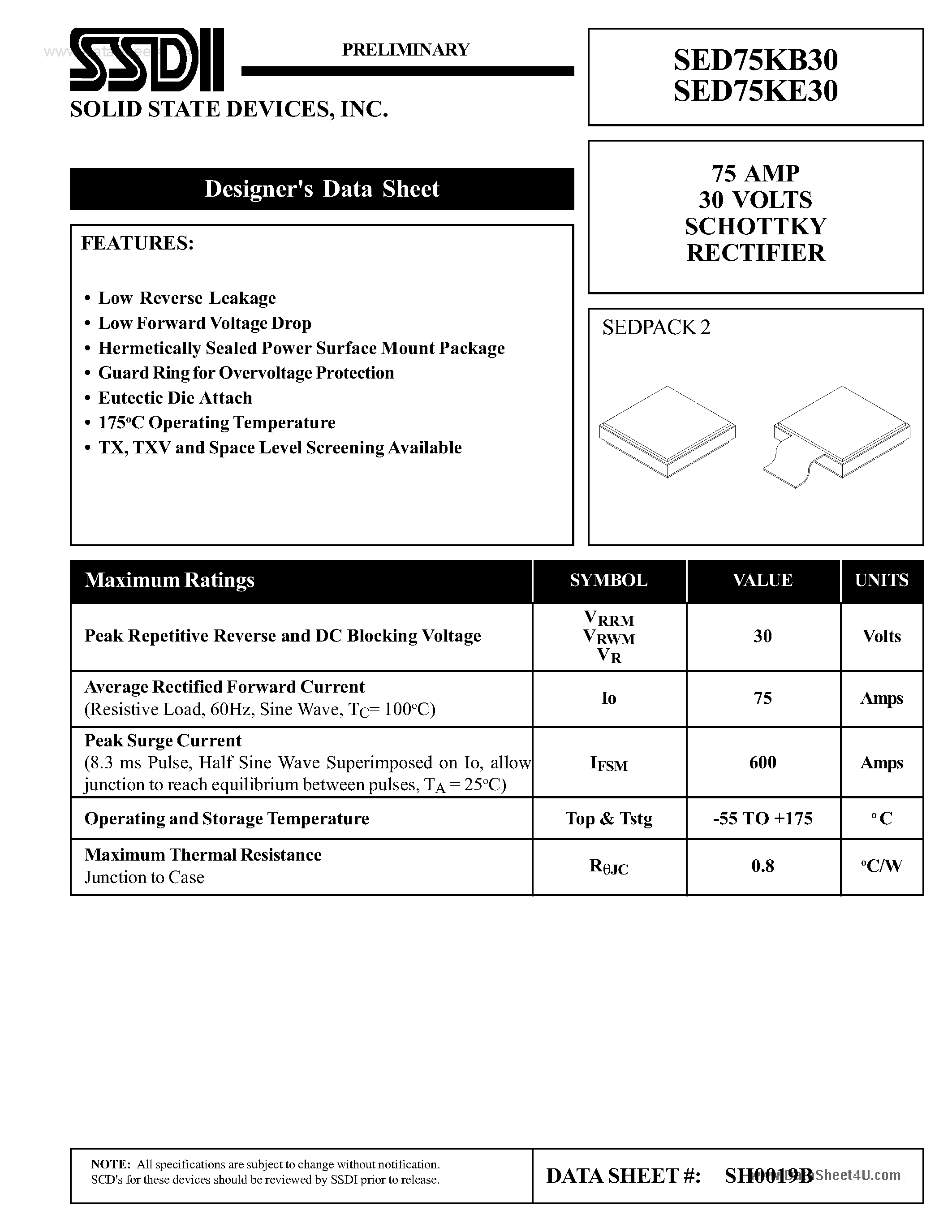 Datasheet SED75KB30 page 1 Datasheet SED75KB30 - (SED75KB30 / SED75KE30) SCHOTTKY RECTIFIER page 1