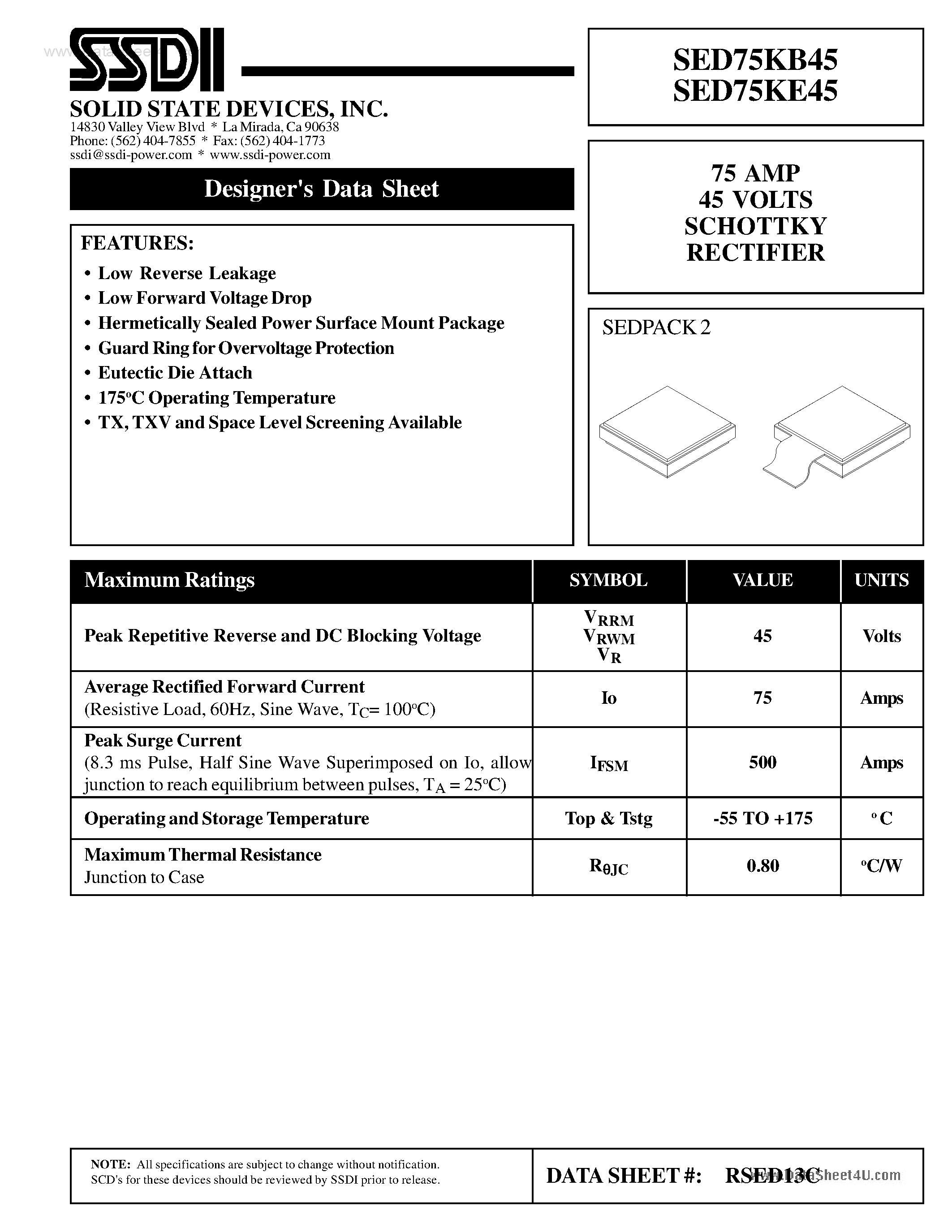 Datasheet SED75KB45 page 1 Datasheet SED75KB45 - (SED75KB45 / SED75KE45) SCHOTTKY RECTIFIER page 1