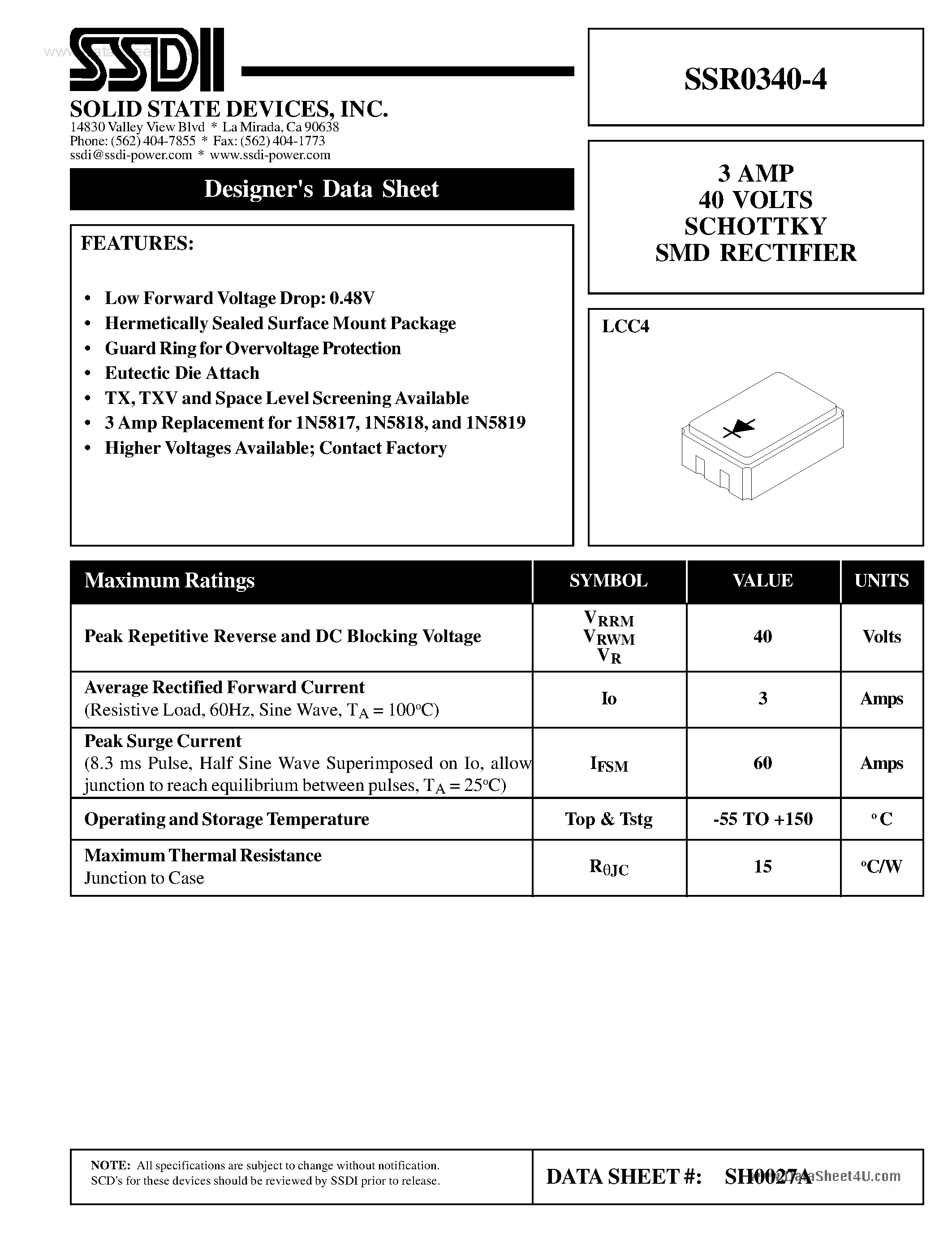 Даташит SSR0340-4 - SCHOTTKY SMD RECTIFIER страница 1