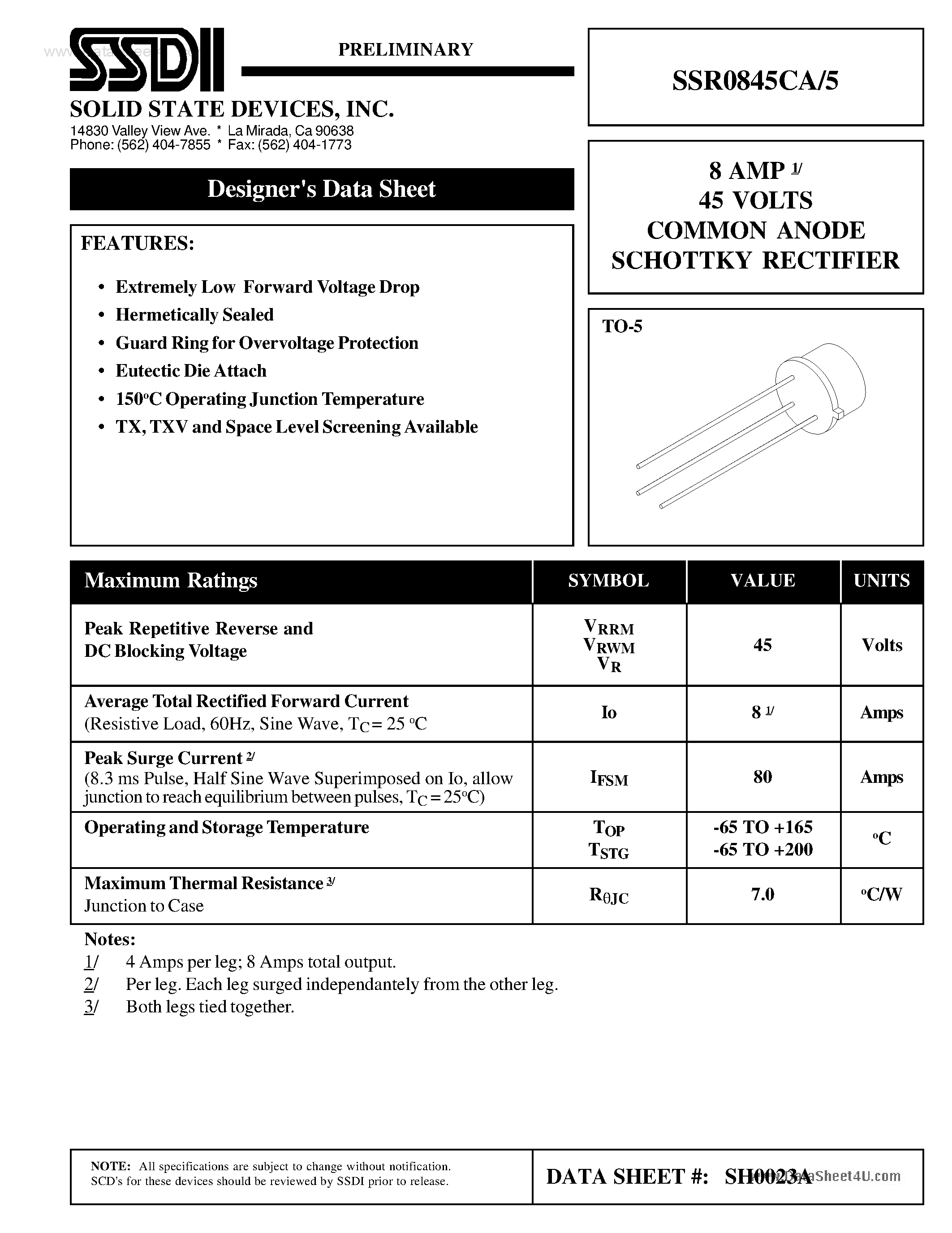 Datasheet SSR0845CA/5 - COMMON ANODE SCHOTTKY RECTIFIER page 1