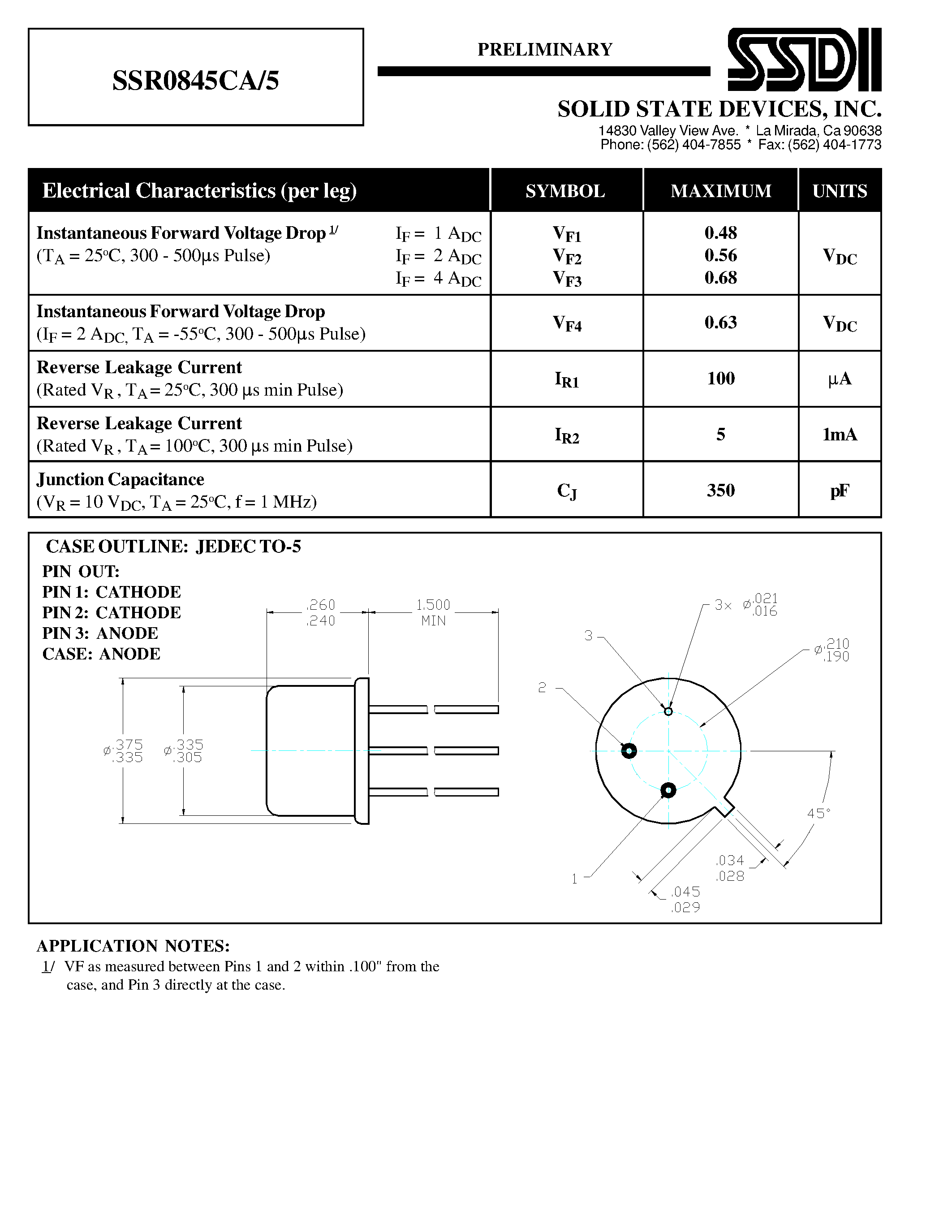 Datasheet SSR0845CA/5 - COMMON ANODE SCHOTTKY RECTIFIER page 2