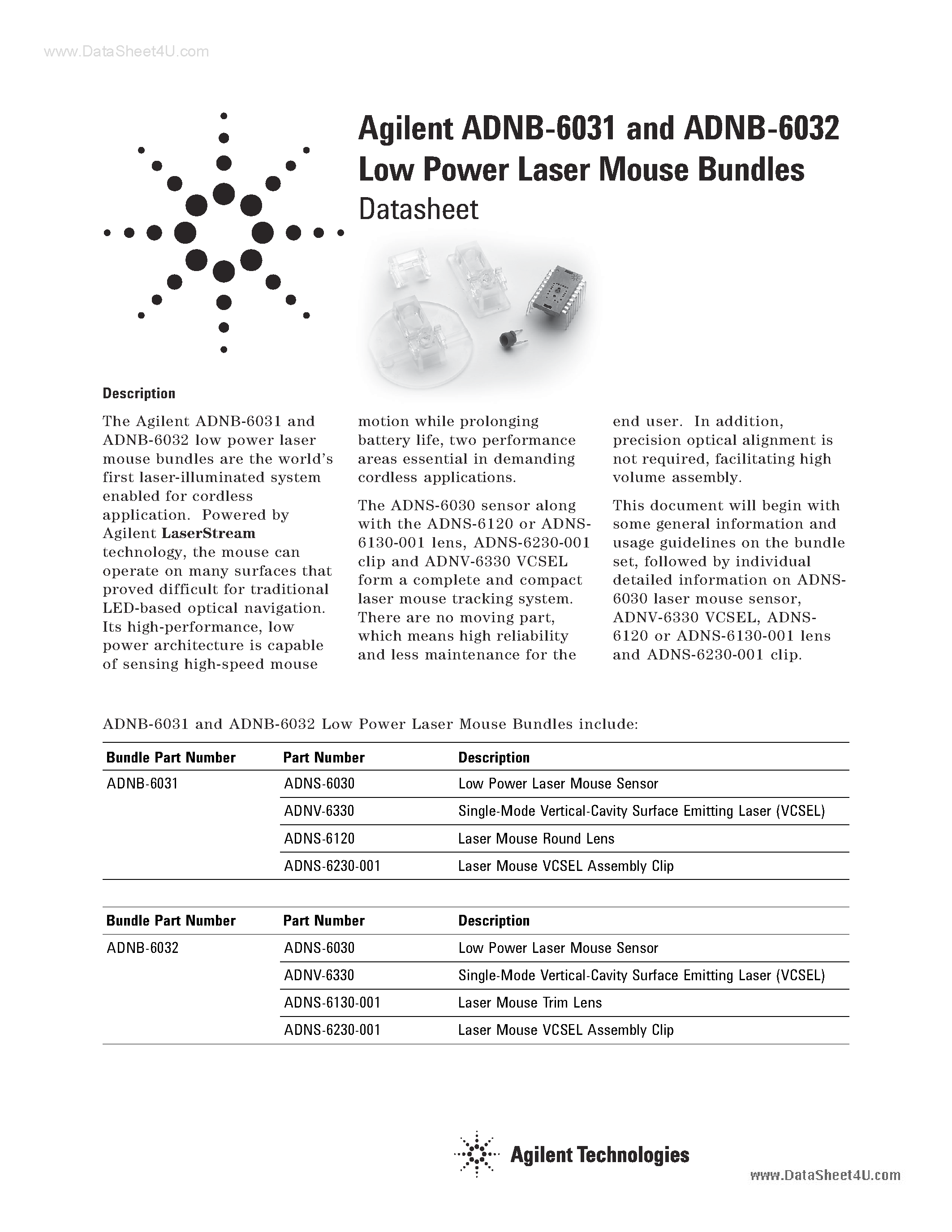 Даташит на микросхему ADNB-6031 страница 1 Даташит ADNB-6031 - (ADNB-6031/2) Low Power Laser Mouse Bundles страница 1