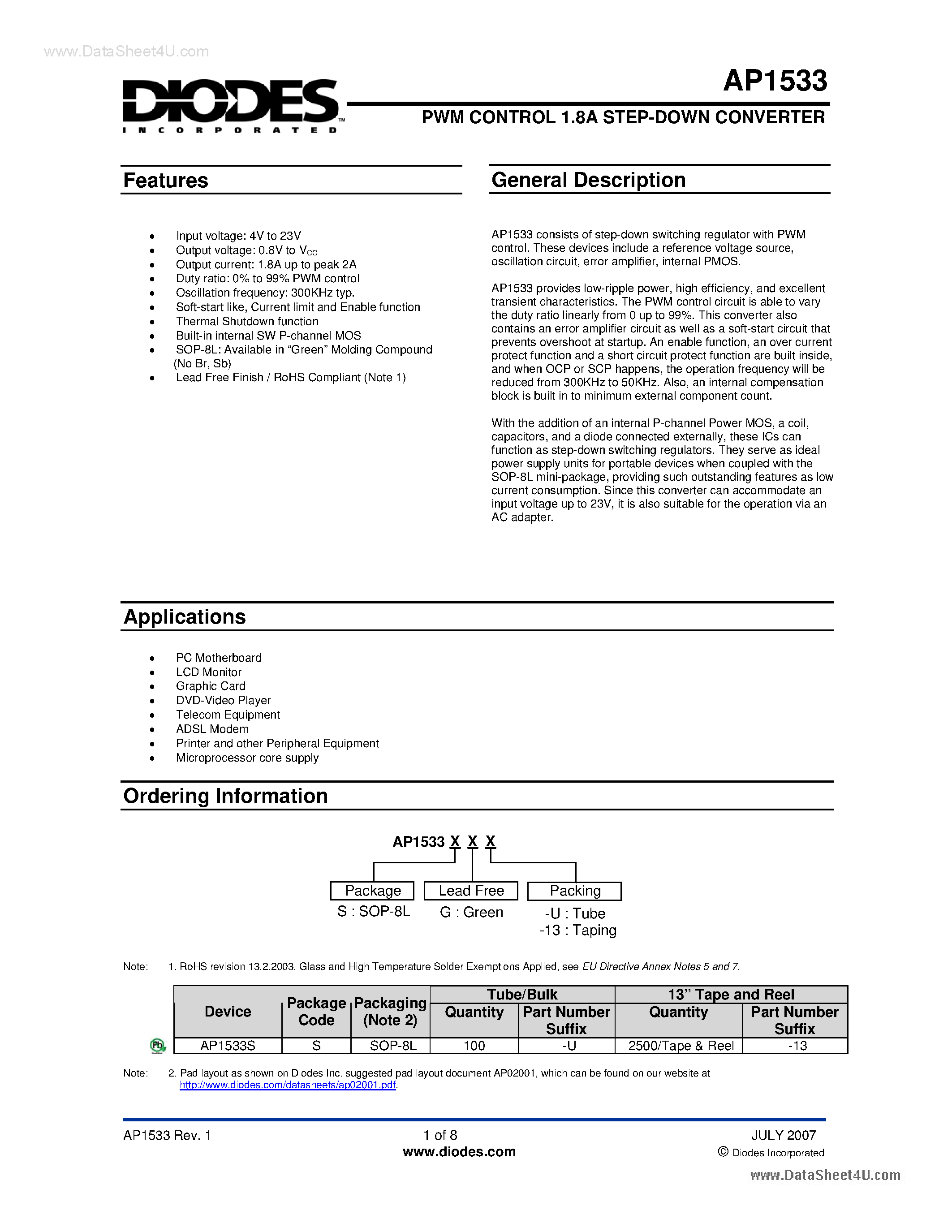 Datasheet AP1533 - PWM CONTROL 1.8A STEP-DOWN CONVERTER page 1