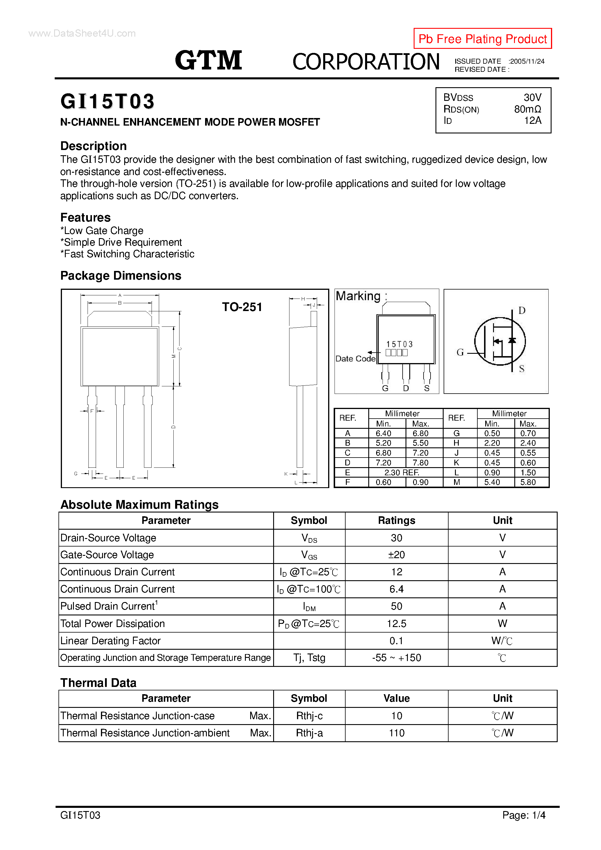 Datasheet GI15T03 page 1 Datasheet GI15T03 - N-CHANNEL ENHANCEMENT MODE POWER MOSFET page 1
