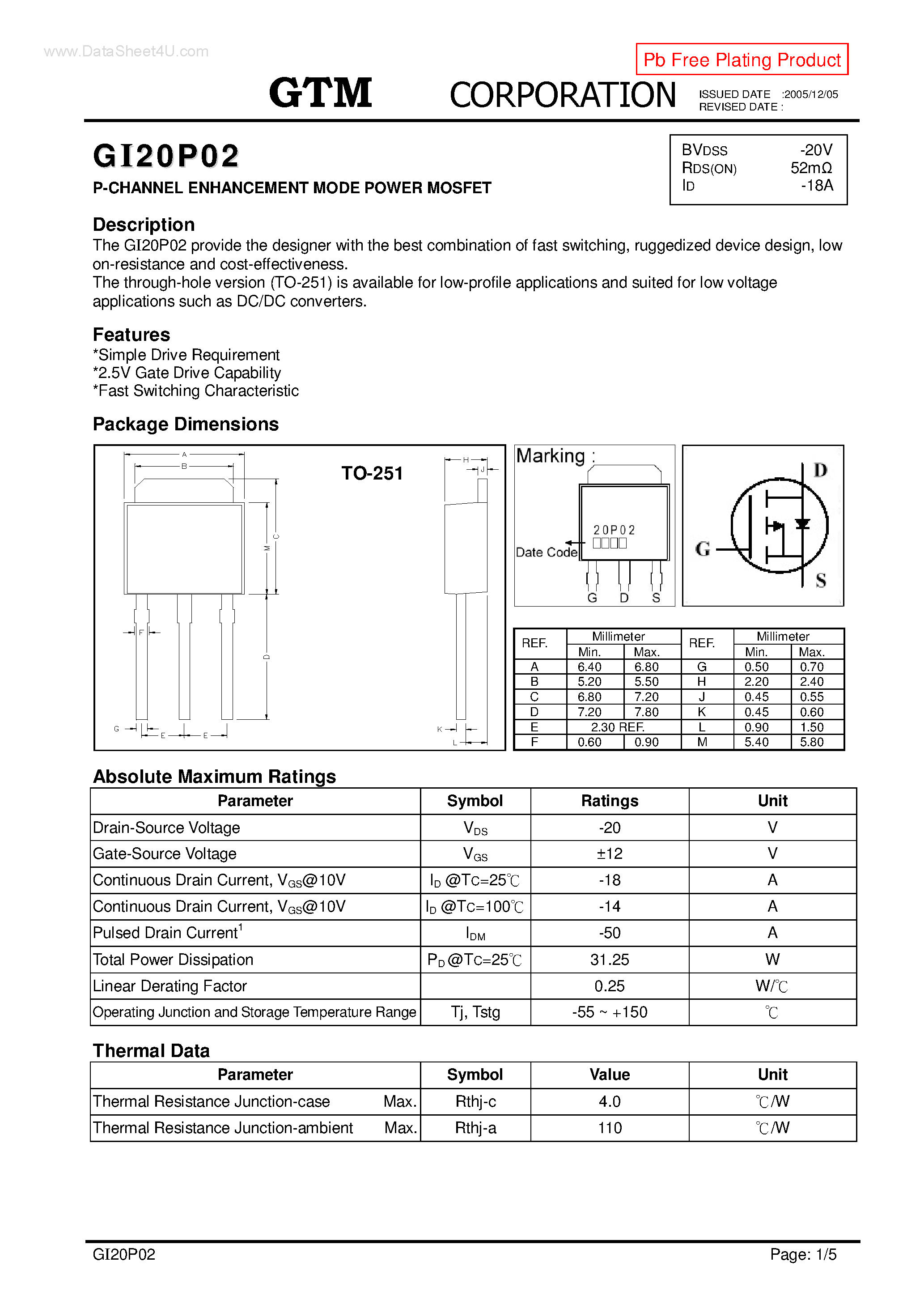 Datasheet GI20P02 page 1 Datasheet GI20P02 - P-CHANNEL ENHANCEMENT MODE POWER MOSFET page 1