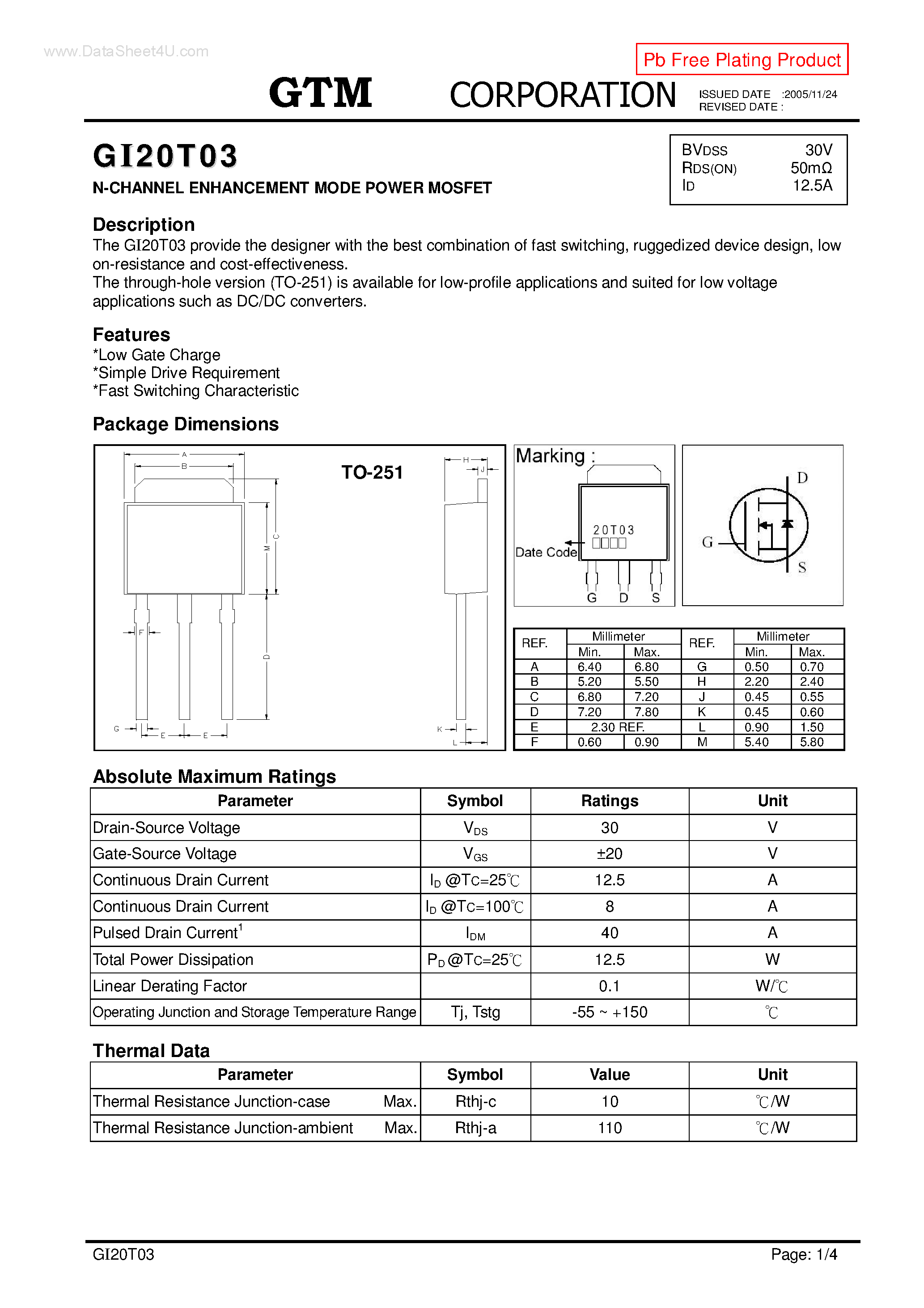 Datasheet GI20T03 - N-CHANNEL ENHANCEMENT MODE POWER MOSFET page 1