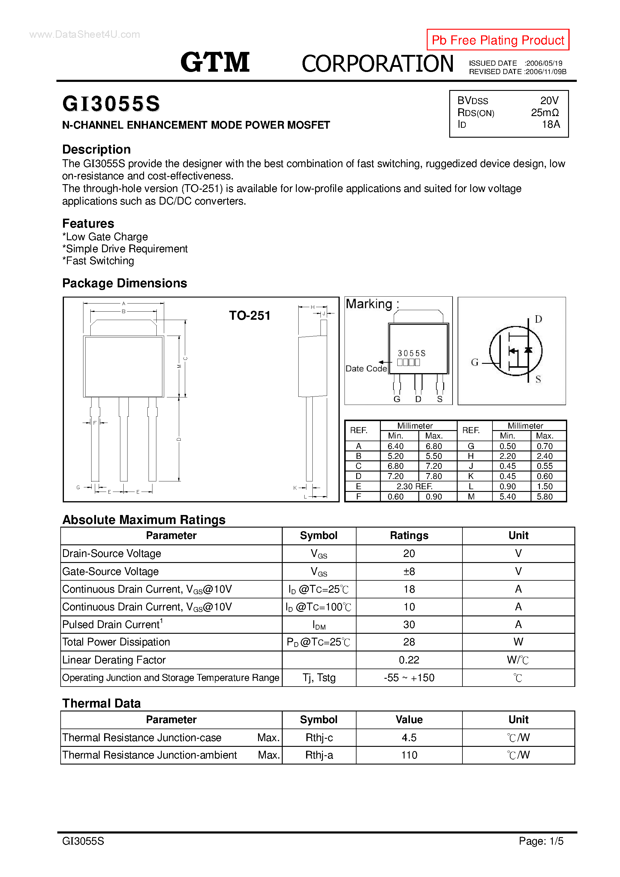 Datasheet GI3055S - N-CHANNEL ENHANCEMENT MODE POWER MOSFET page 1