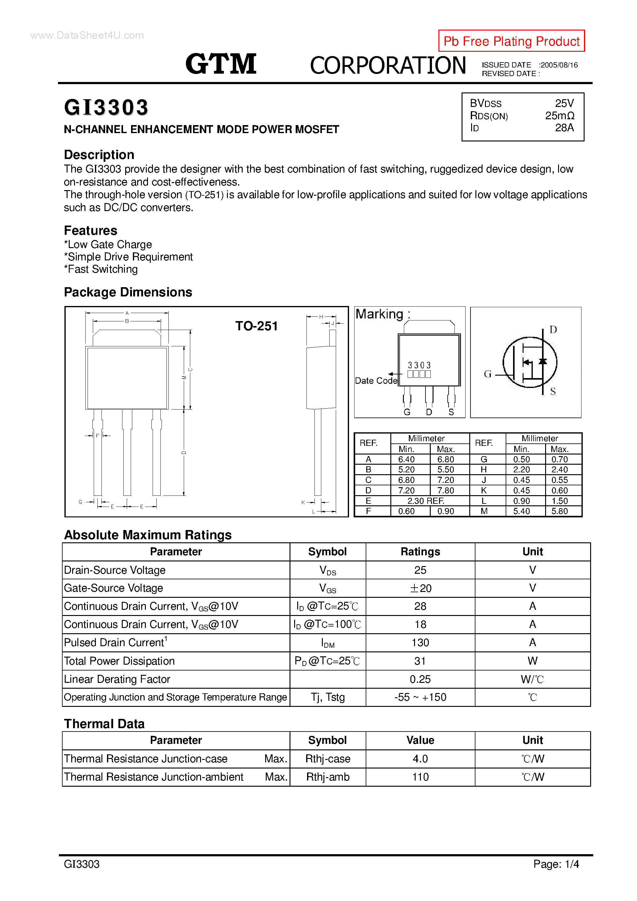 Datasheet GI3303 - N-CHANNEL ENHANCEMENT MODE POWER MOSFET page 1