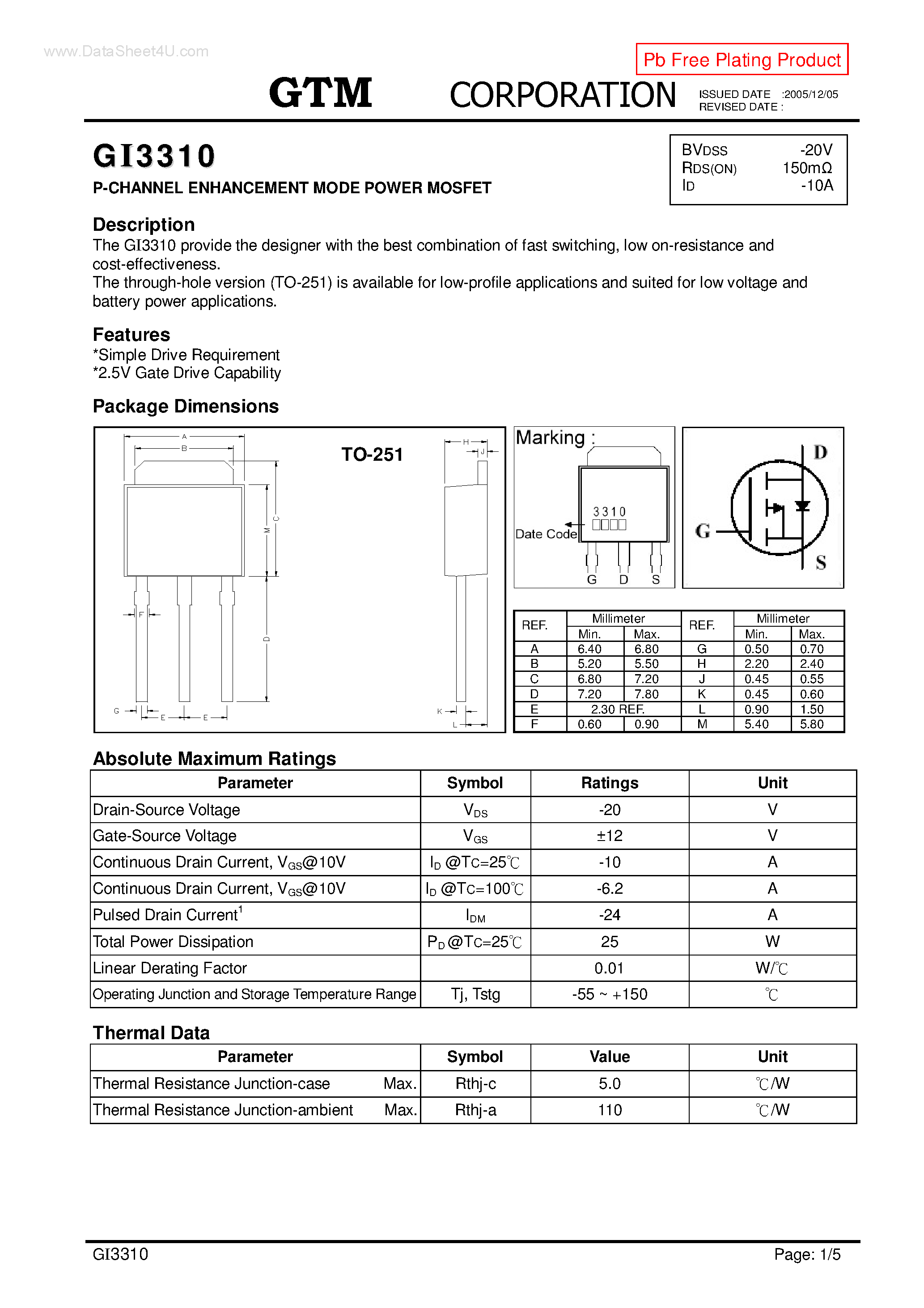 Datasheet GI3310 page 1 Datasheet GI3310 - P-CHANNEL ENHANCEMENT MODE POWER MOSFET page 1
