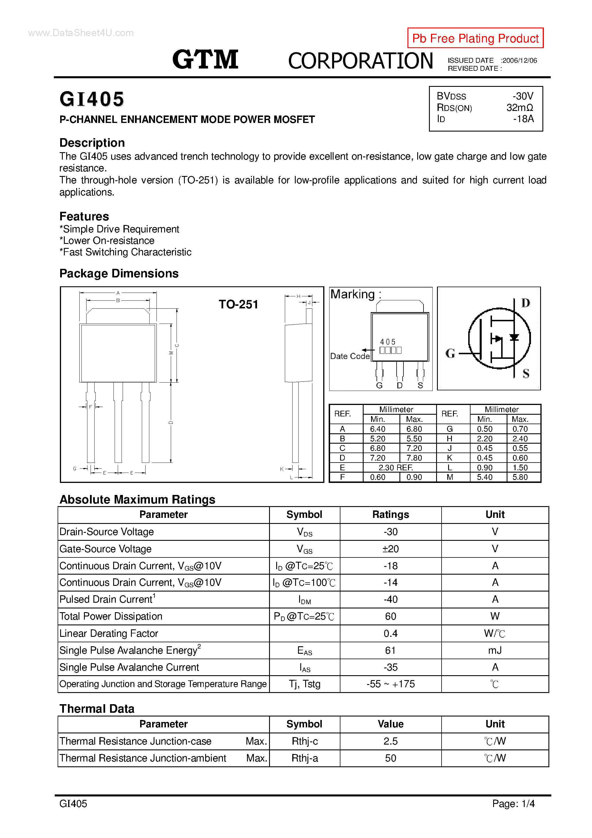 Datasheet GI405 page 1 Datasheet GI405 - P-CHANNEL ENHANCEMENT MODE POWER MOSFET page 1