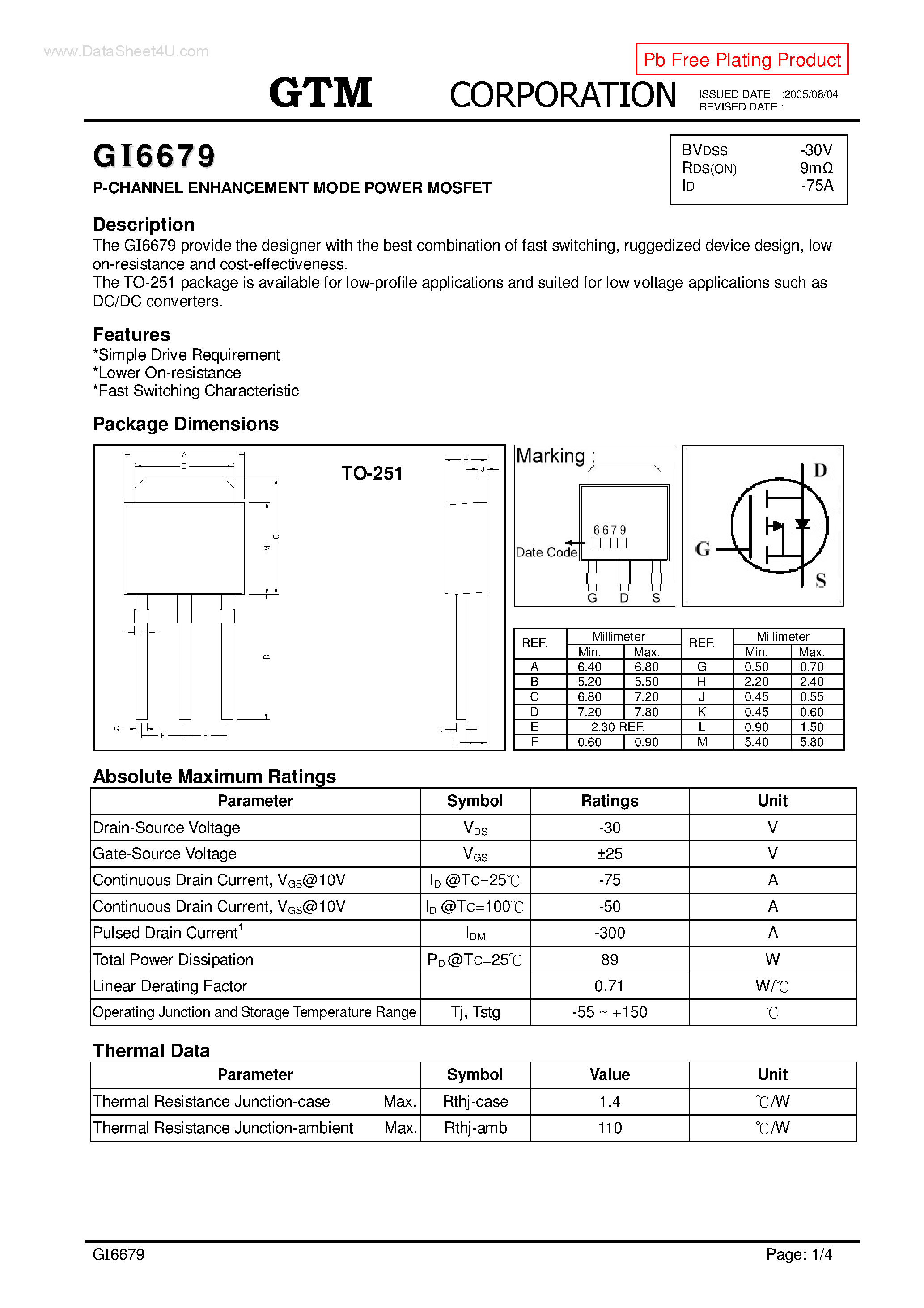 Datasheet GI6679 - P-CHANNEL ENHANCEMENT MODE POWER MOSFET page 1