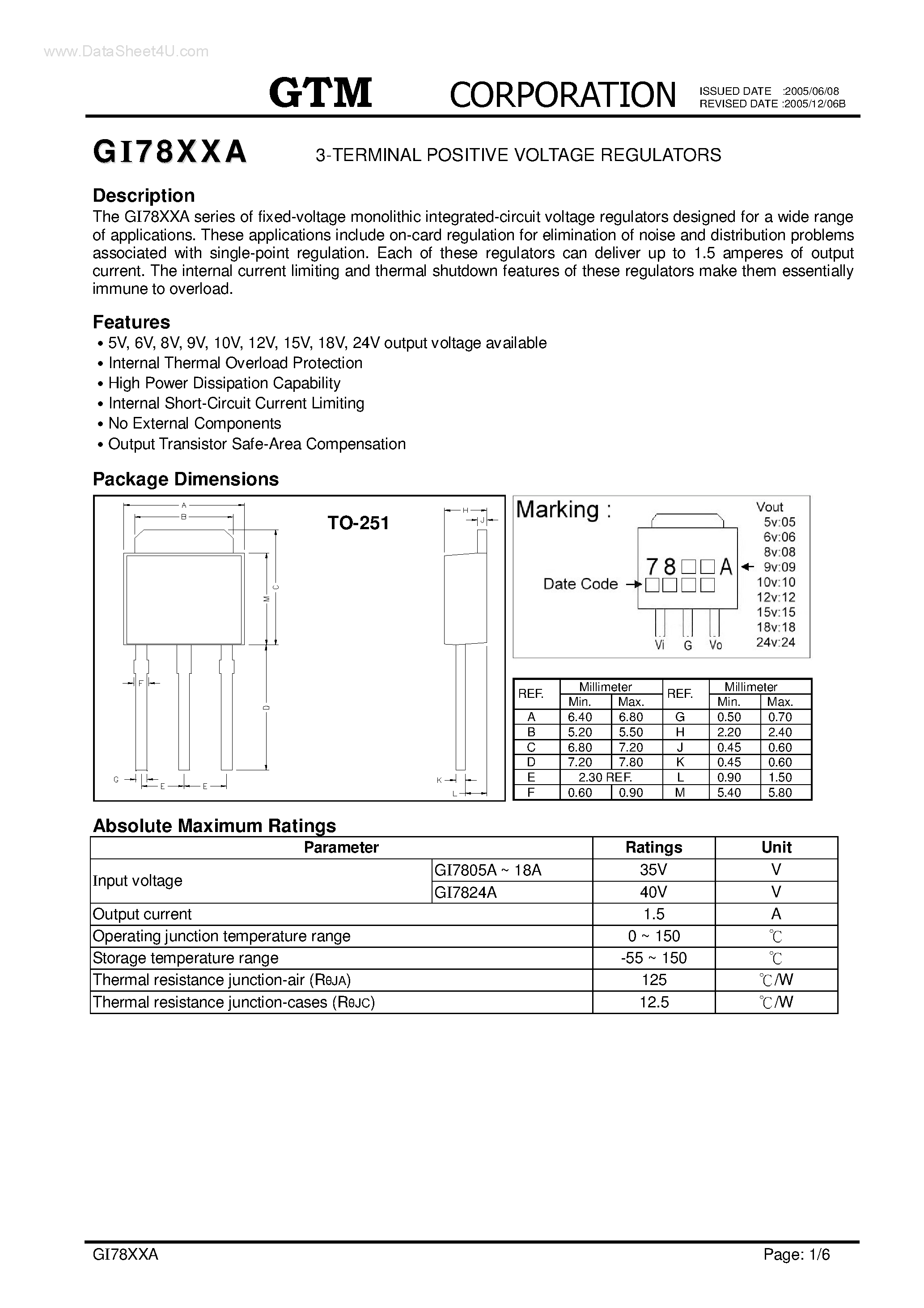 Даташит GI7806A - (GI78xxA) 3-TERMINAL POSITIVE VOLTAGE REGULATORS страница 1