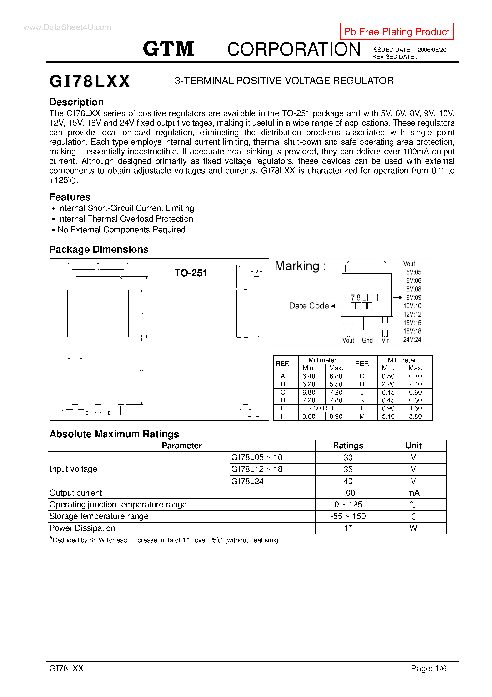 Даташит GI78L05 - (GI78Lxx) 3-TERMINAL POSITIVE VOLTAGE REGULATOR страница 1