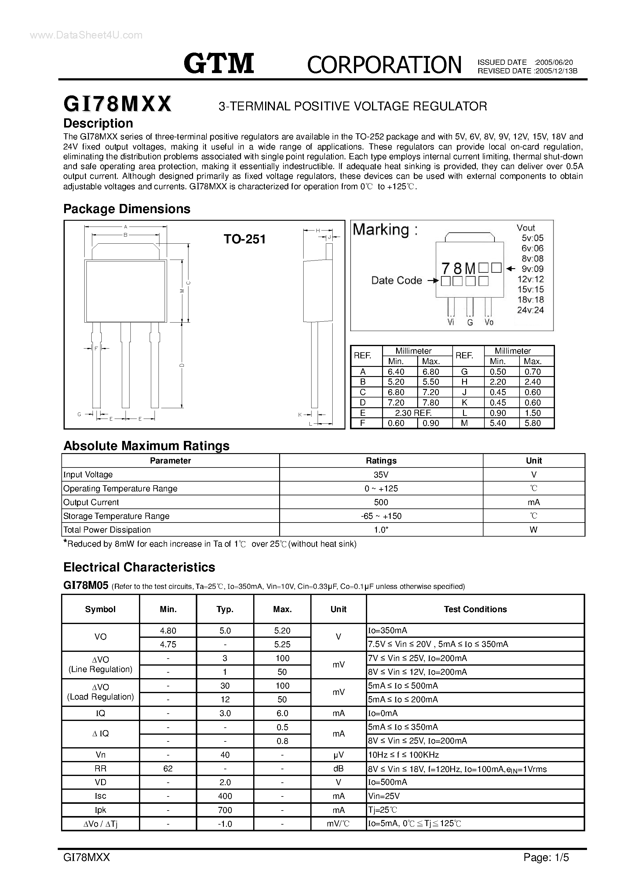 Даташит GI78M05 - (GI78Mxx) 3-TERMINAL POSITIVE VOLTAGE REGULATOR страница 1