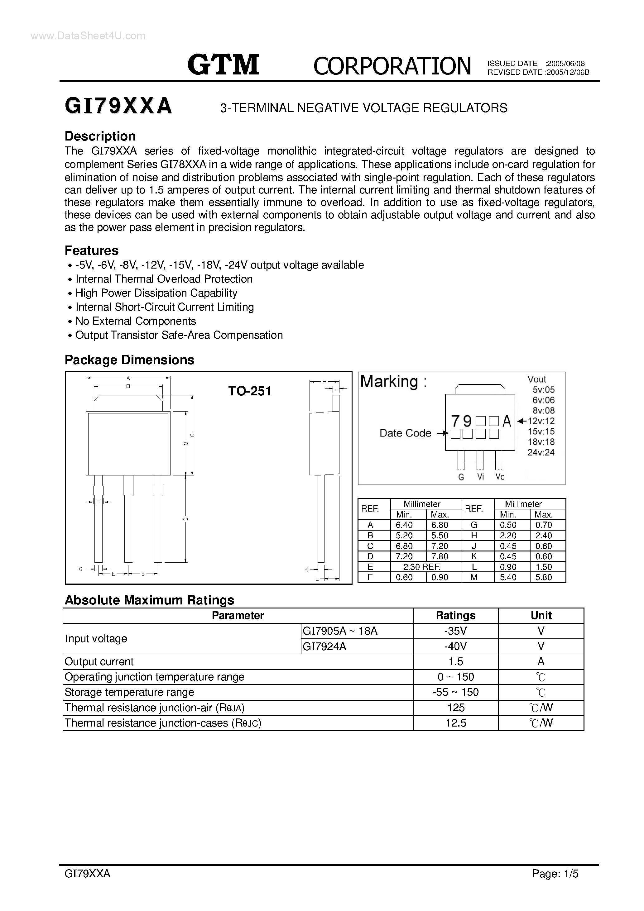 Даташит GI7905A - (GI79xxA) 3-TERMINAL NEGATIVE VOLTAGE REGULATORS страница 1
