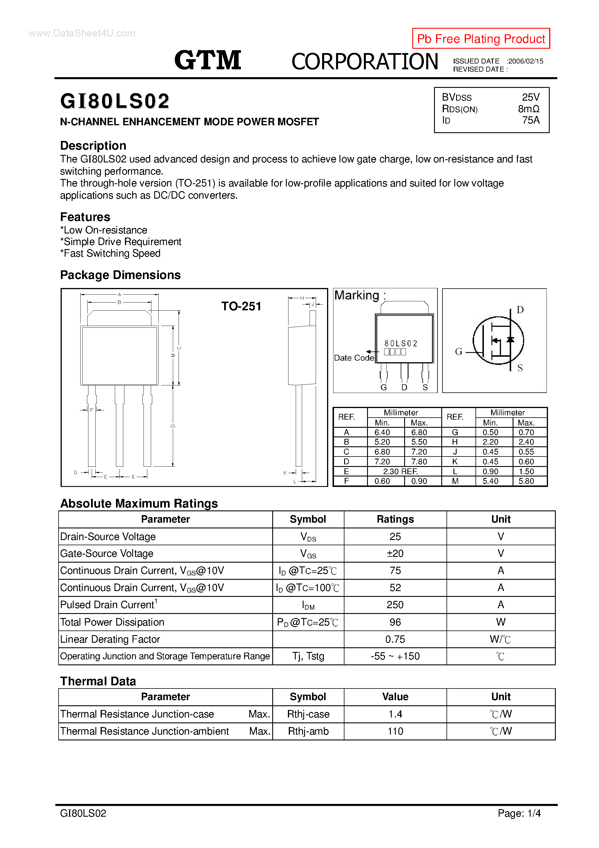 Datasheet GI80LS02 page 1 Datasheet GI80LS02 - N-CHANNEL ENHANCEMENT MODE POWER MOSFET page 1