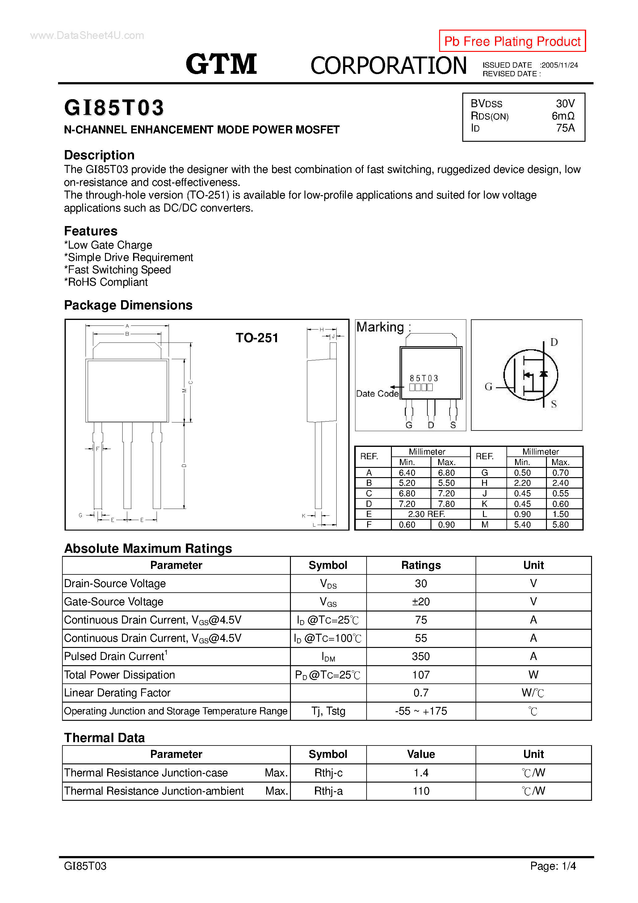 Даташит GI85T03 - N-CHANNEL ENHANCEMENT MODE POWER MOSFET страница 1
