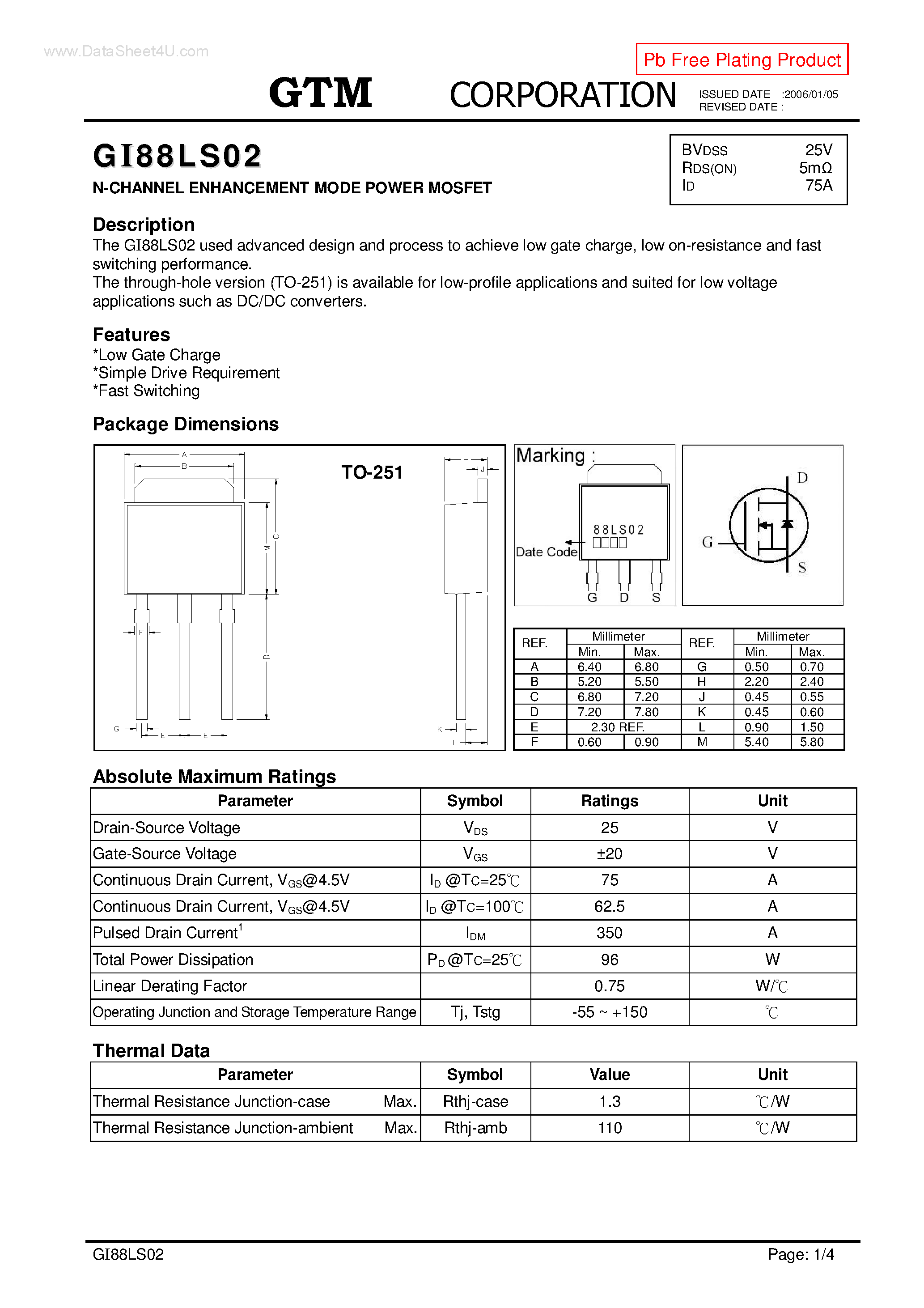Datasheet GI88LS02 page 1 Datasheet GI88LS02 - N-CHANNEL ENHANCEMENT MODE POWER MOSFET page 1