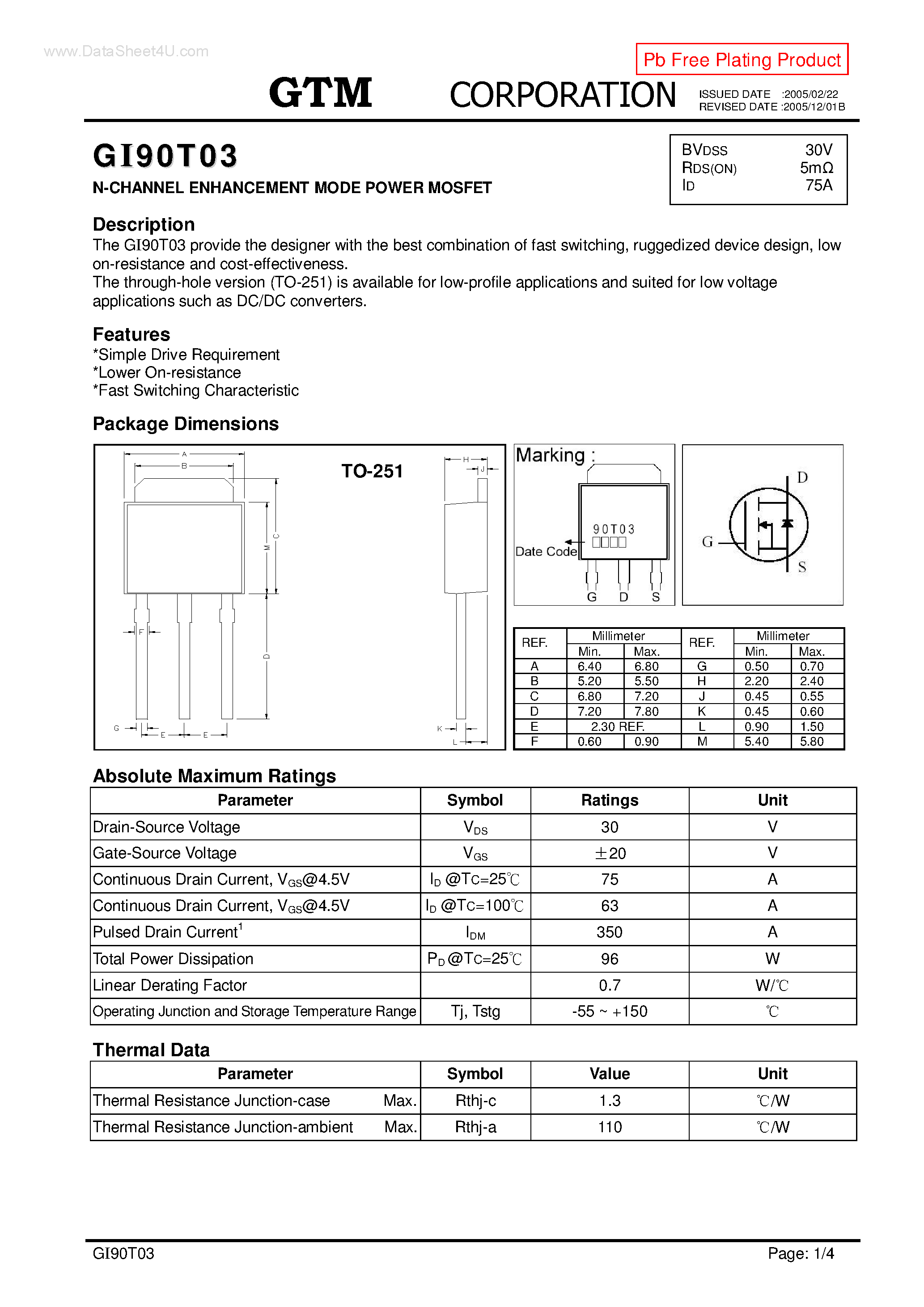 Datasheet GI90T03 - N-CHANNEL ENHANCEMENT MODE POWER MOSFET page 1