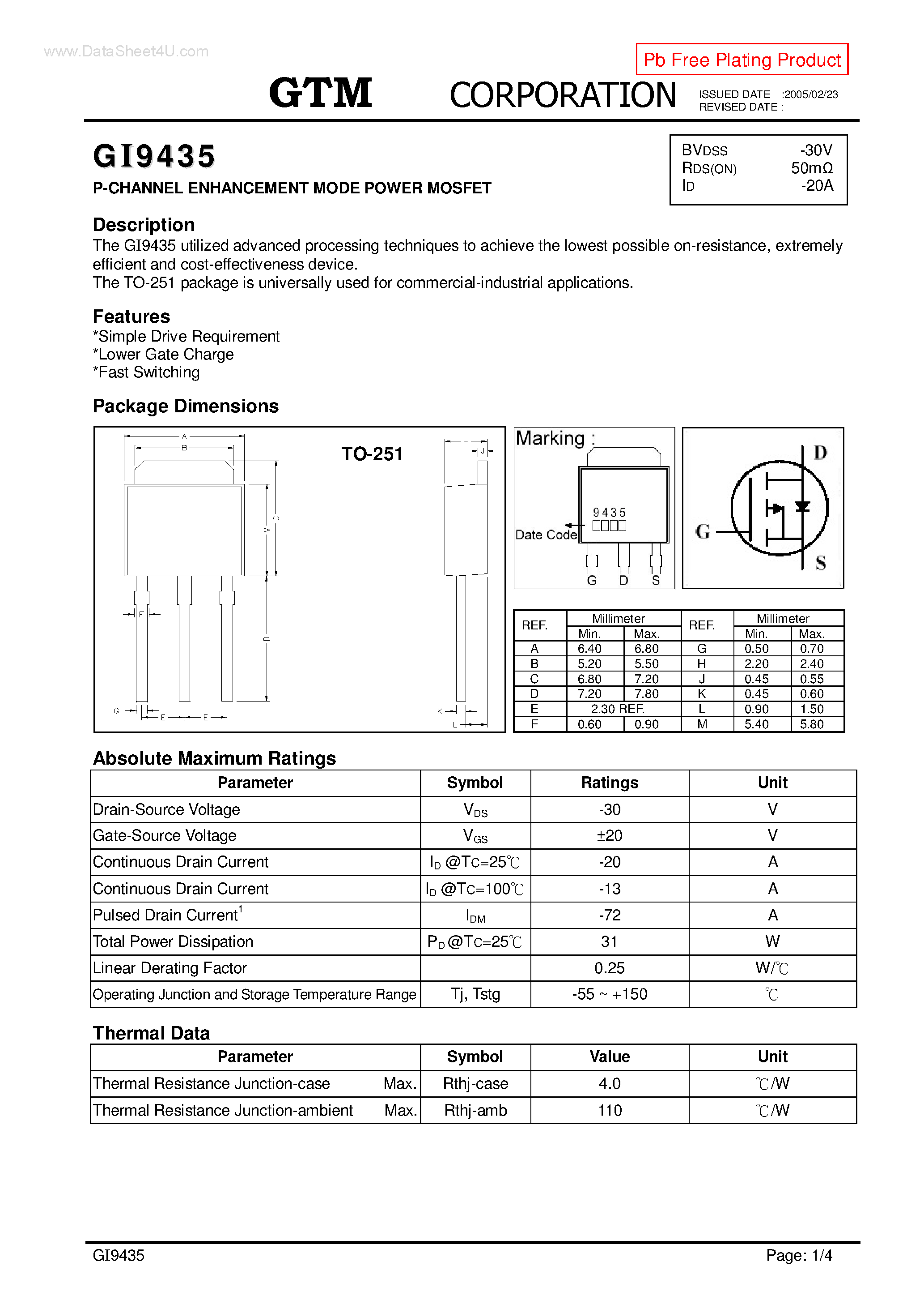 Datasheet GI9435 page 1 Datasheet GI9435 - P-CHANNEL ENHANCEMENT MODE POWER MOSFET page 1