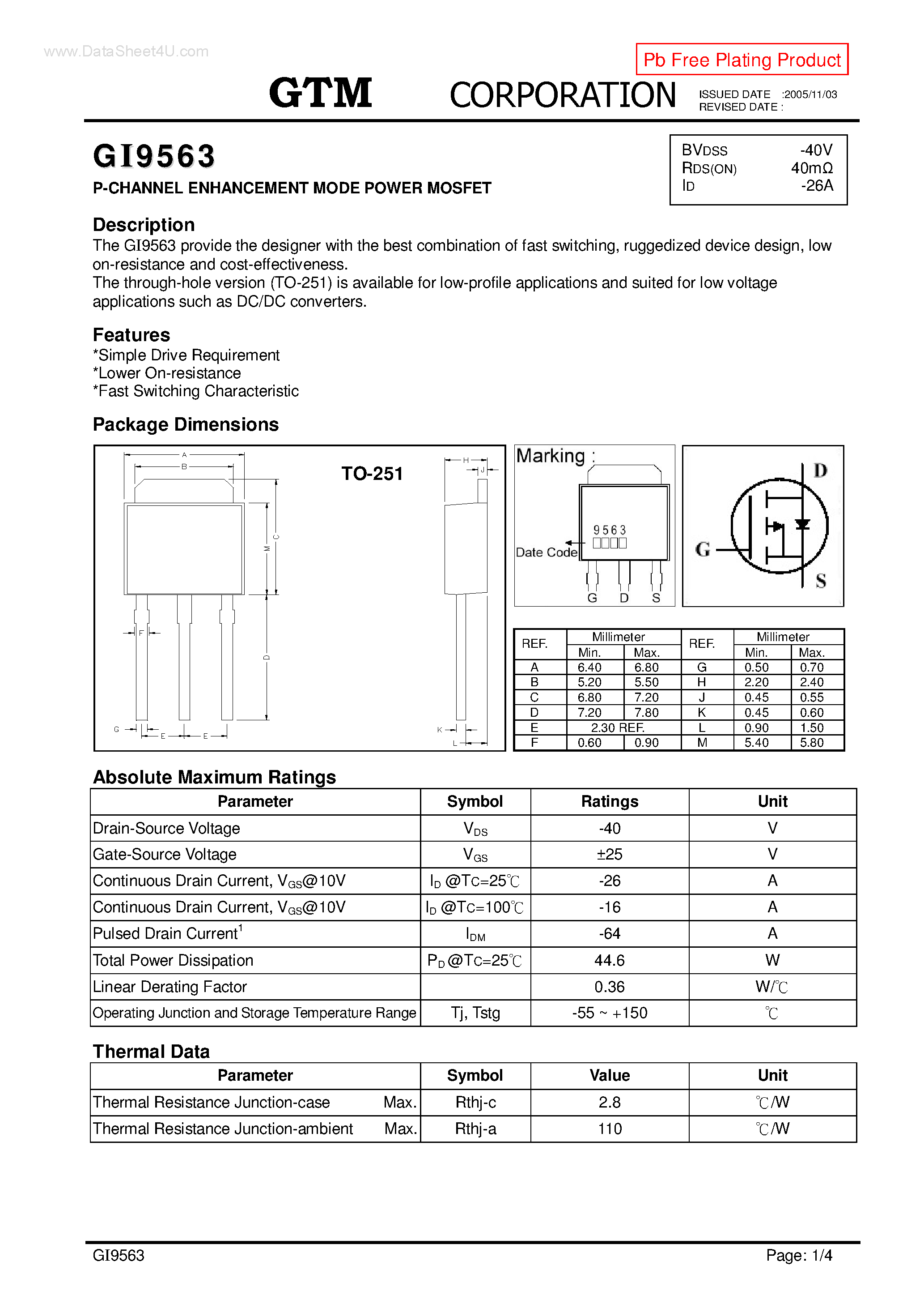 Datasheet GI9563 page 1 Datasheet GI9563 - P-CHANNEL ENHANCEMENT MODE POWER MOSFET page 1