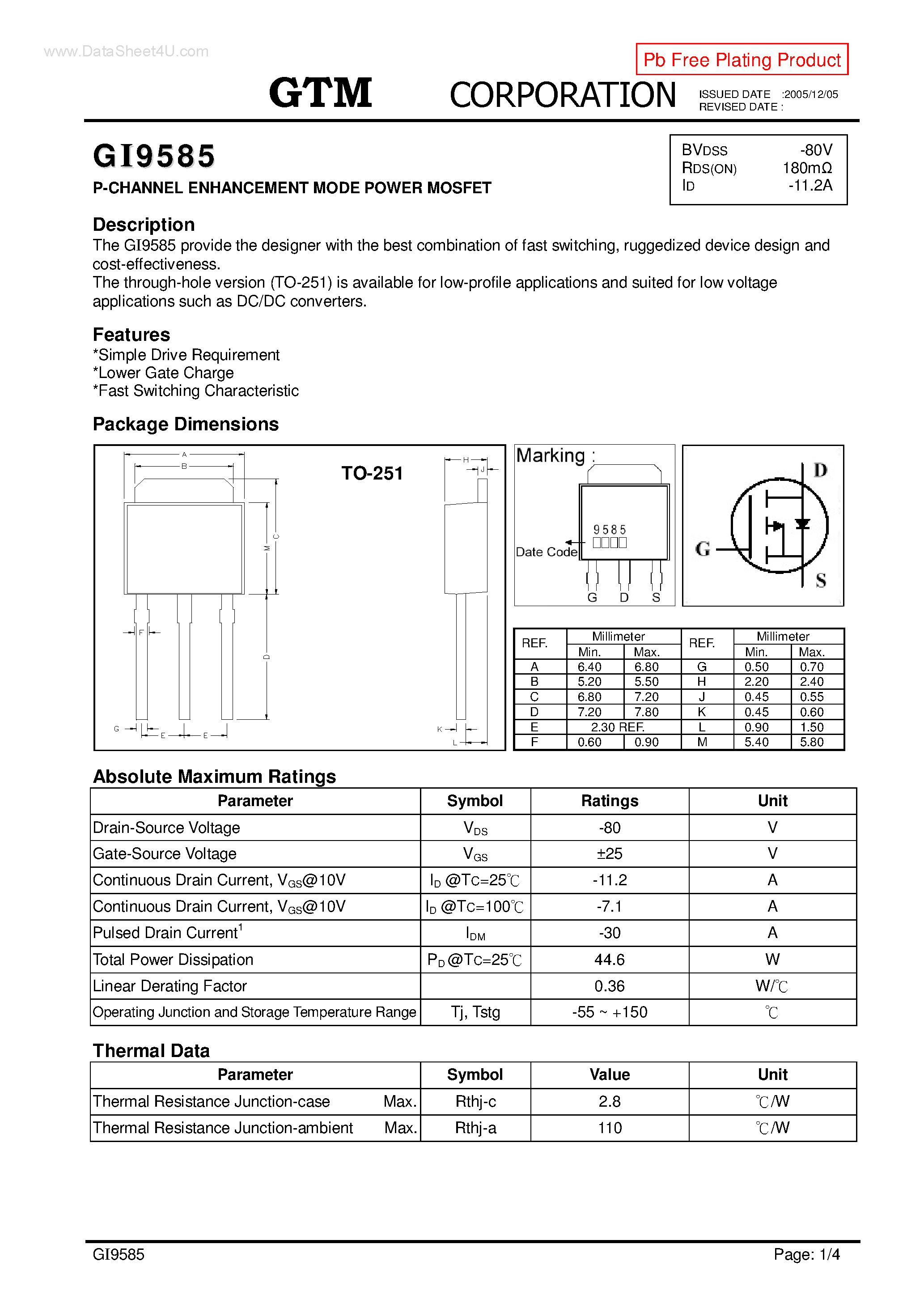 Datasheet GI9585 page 1 Datasheet GI9585 - P-CHANNEL ENHANCEMENT MODE POWER MOSFET page 1