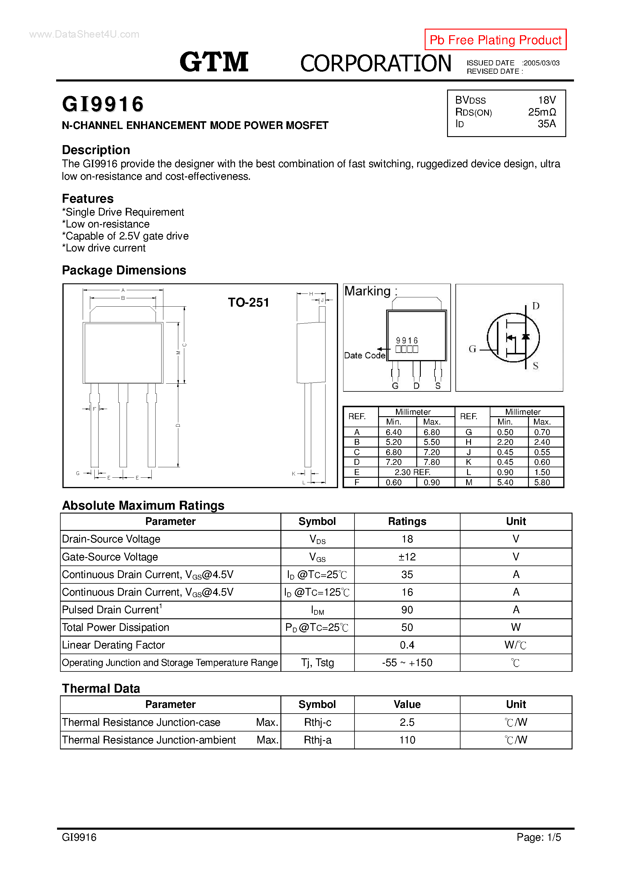 Datasheet GI9916 - N-CHANNEL ENHANCEMENT MODE POWER MOSFET page 1