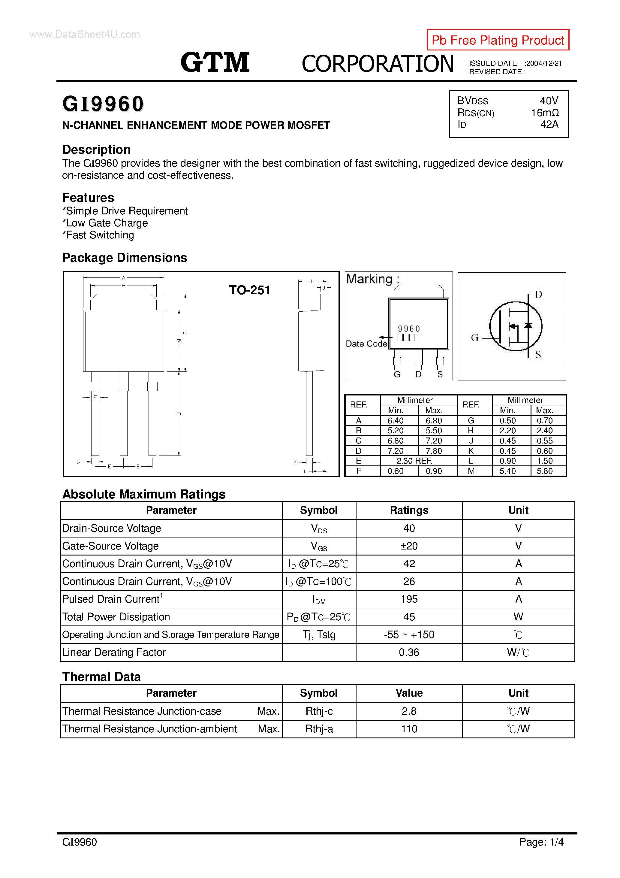 Datasheet GI9960 page 1 Datasheet GI9960 - N-CHANNEL ENHANCEMENT MODE POWER MOSFET page 1