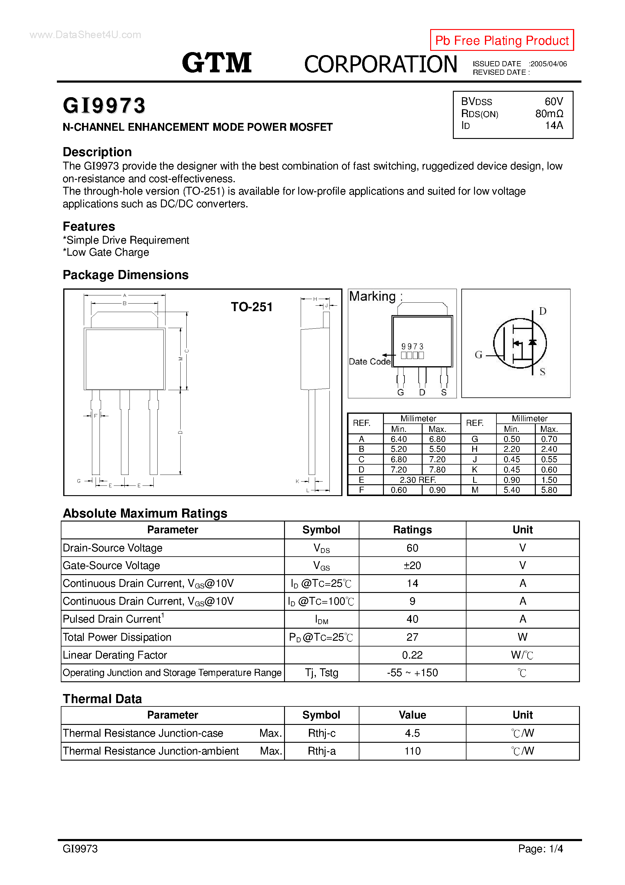 Datasheet GI9973 - N-CHANNEL ENHANCEMENT MODE POWER MOSFET page 1