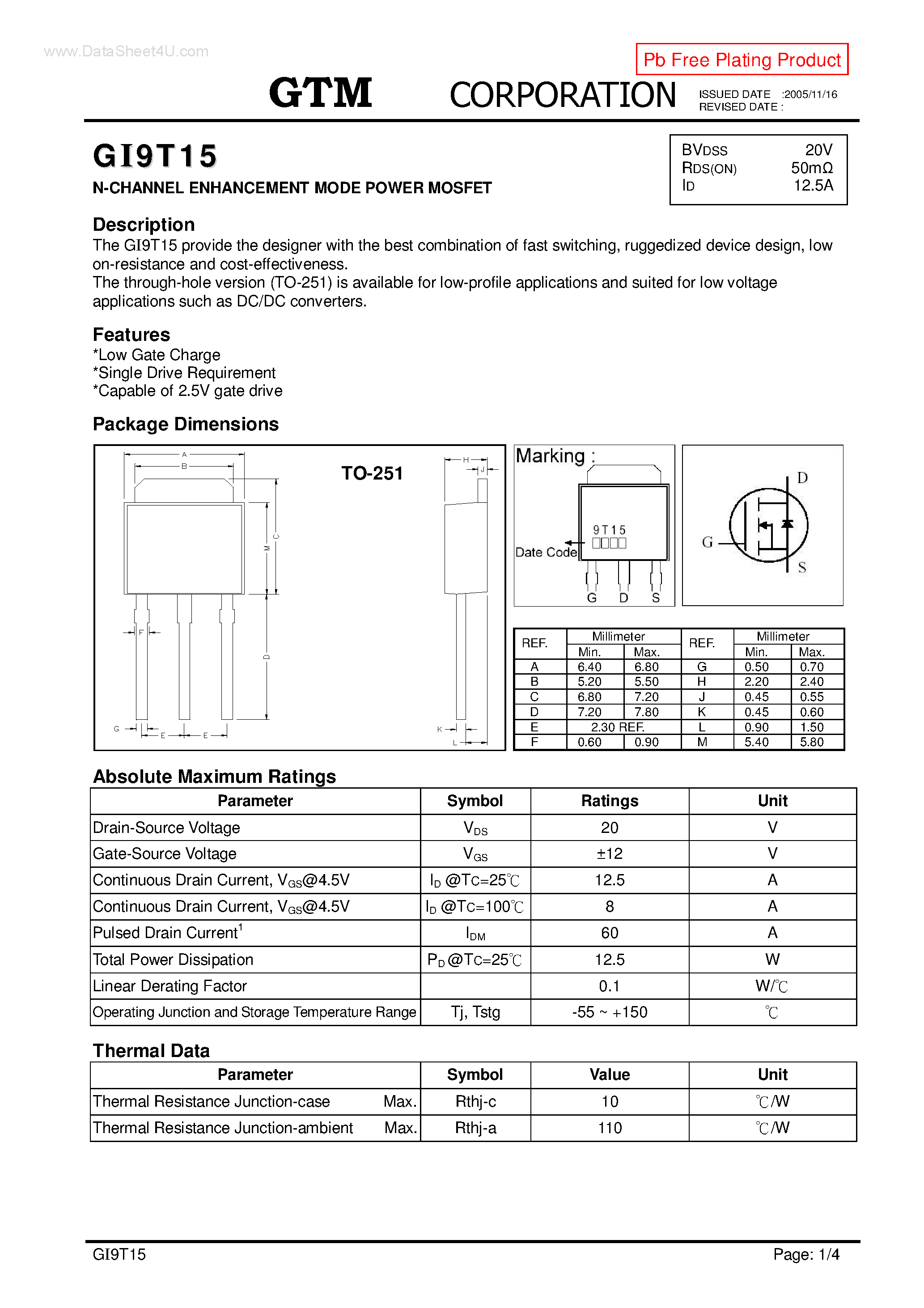 Datasheet GI9T15 - N-CHANNEL ENHANCEMENT MODE POWER MOSFET page 1