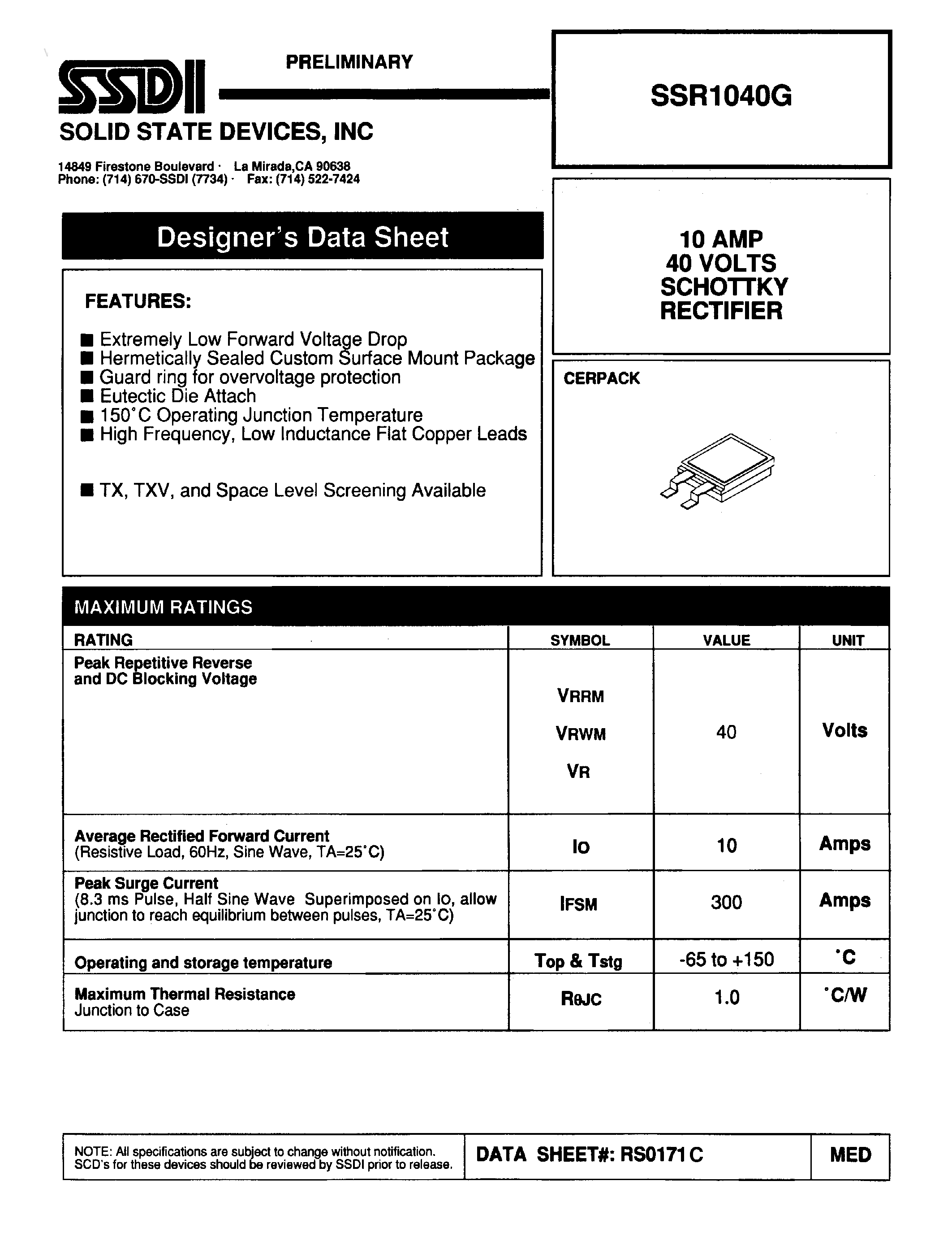 Даташит SSR1040G - SCHOTTKY RECTIFIER страница 1