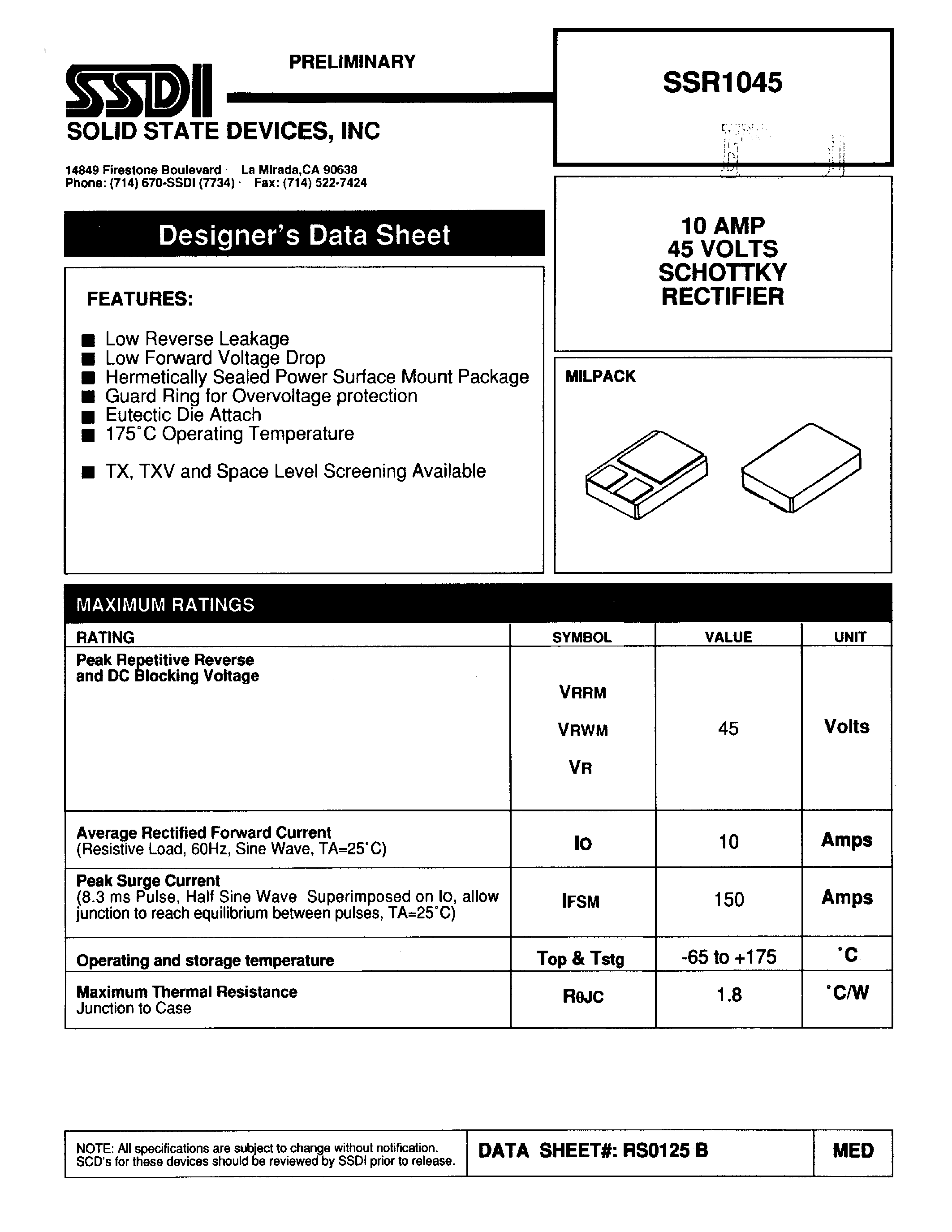 Даташит SSR1045 - SCHOTTKY RECTIFIER страница 1