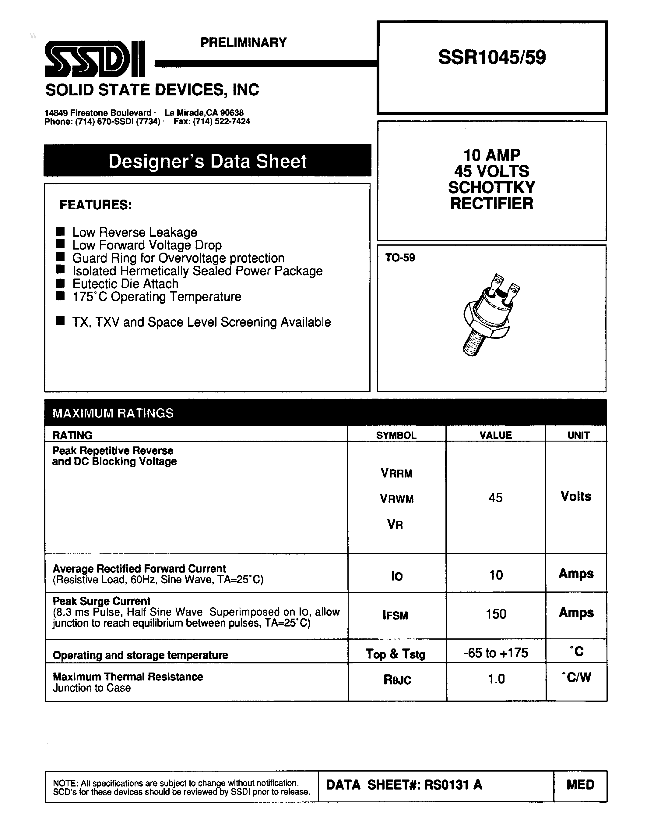 Datasheet SSR1045/59 - SCHOTTKY RECTIFIER page 1
