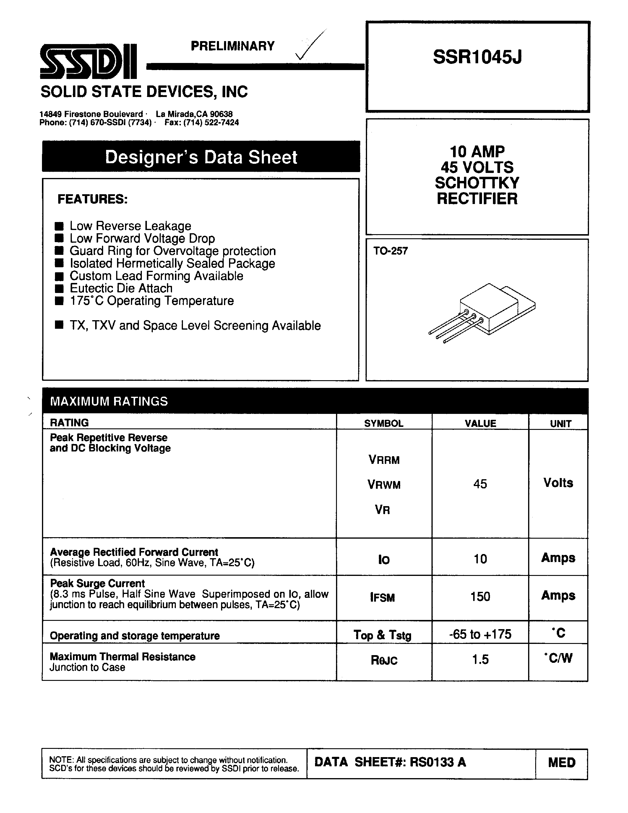 Datasheet SSR1045J - SCHOTTKY RECTIFIER page 1
