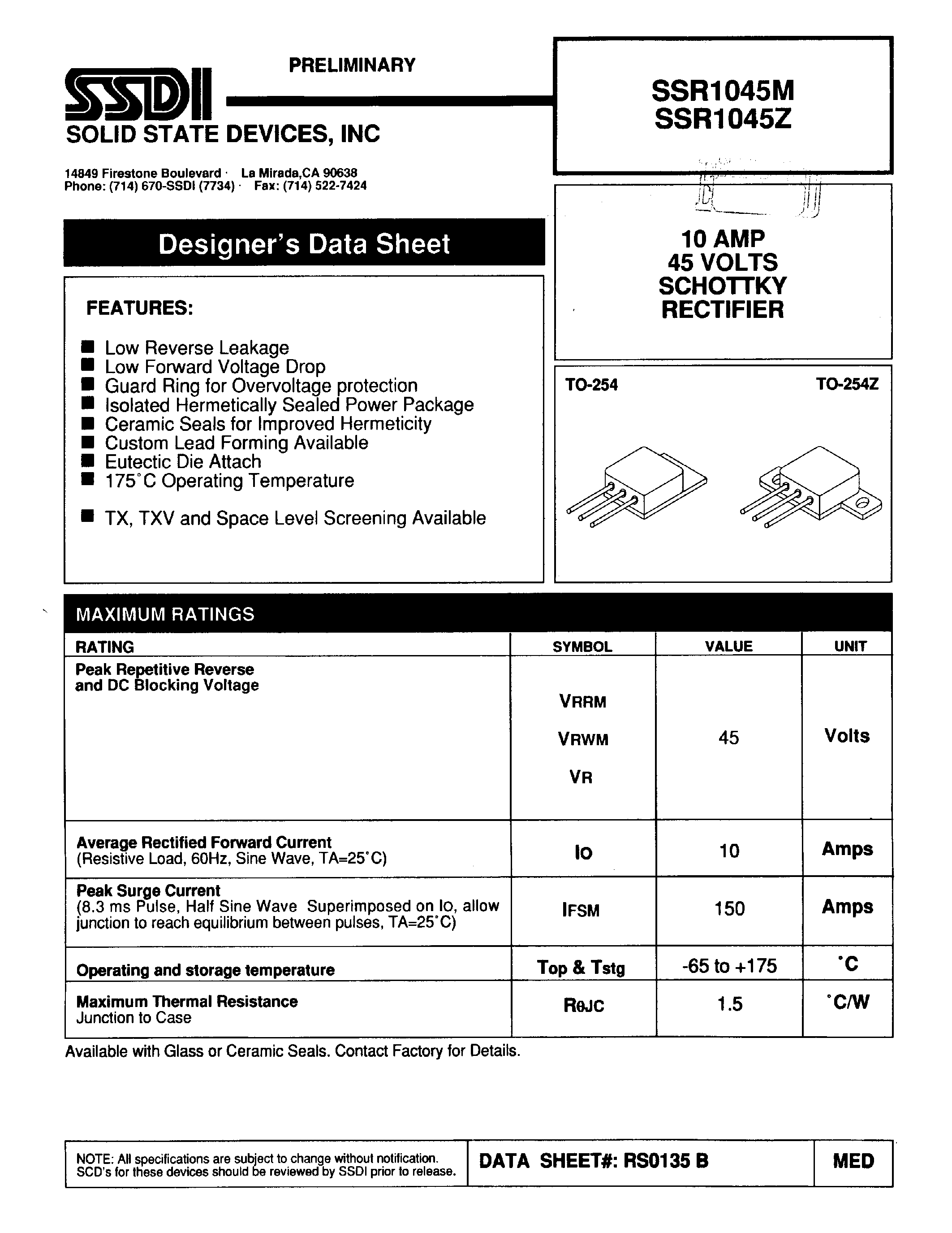 Datasheet SSR1045M page 1 Datasheet SSR1045M - (SSR1045M/Z) SCHOTTKY RECTIFIER page 1