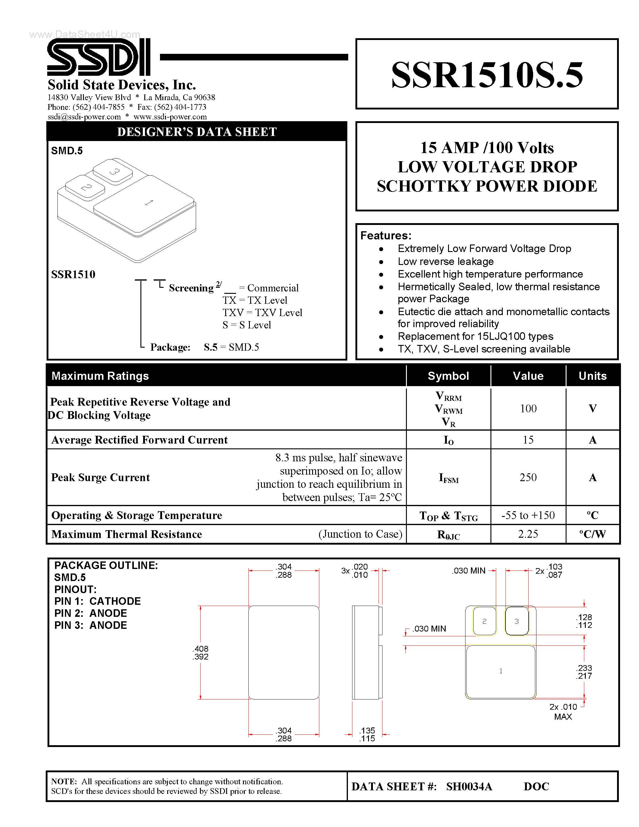 Даташит на микросхему SSR1510S.5 страница 1 Даташит SSR1510S.5 - LOW VOLTAGE DROP SCHOTTKY POWER DIODE страница 1