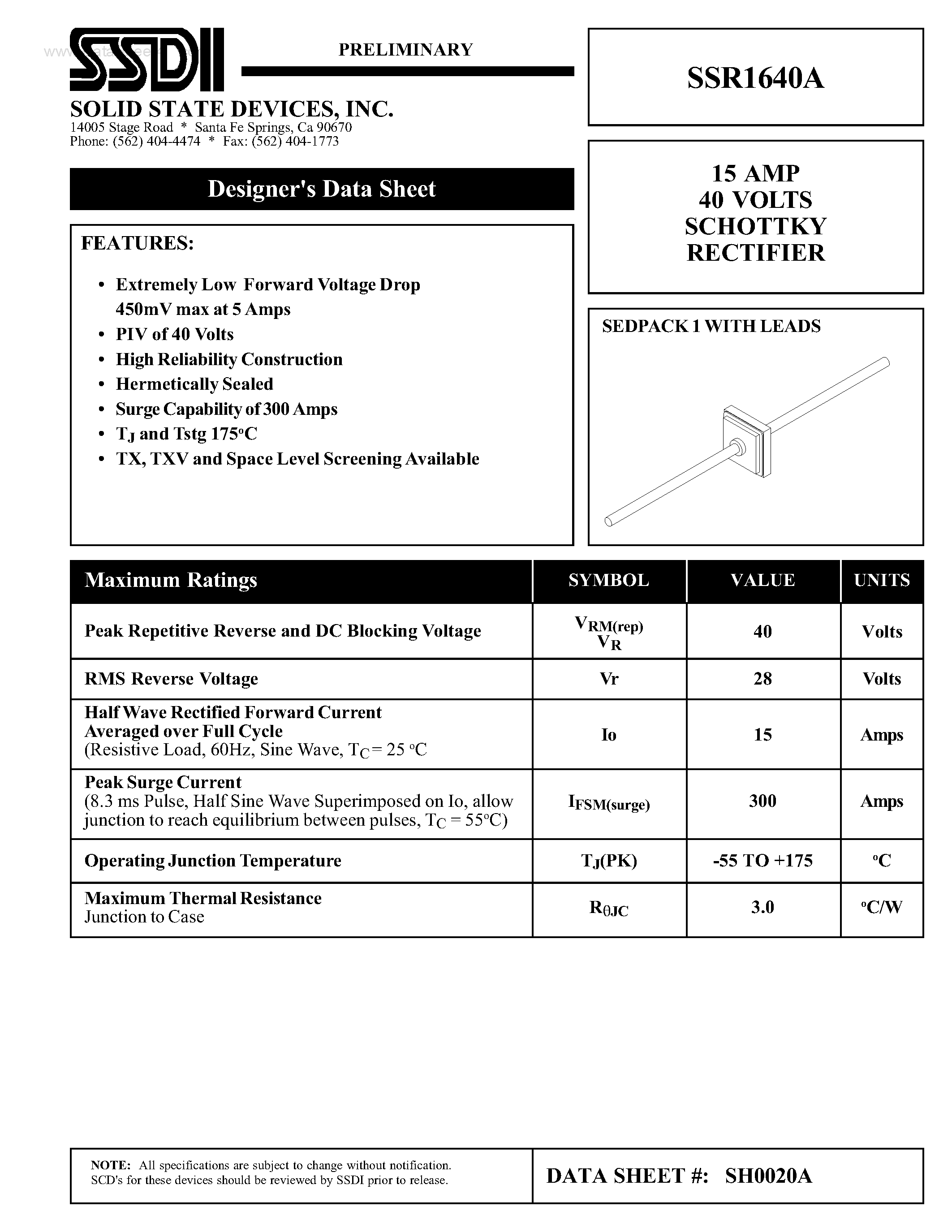 Даташит SSR1640A - SCHOTTKY RECTIFIER страница 1