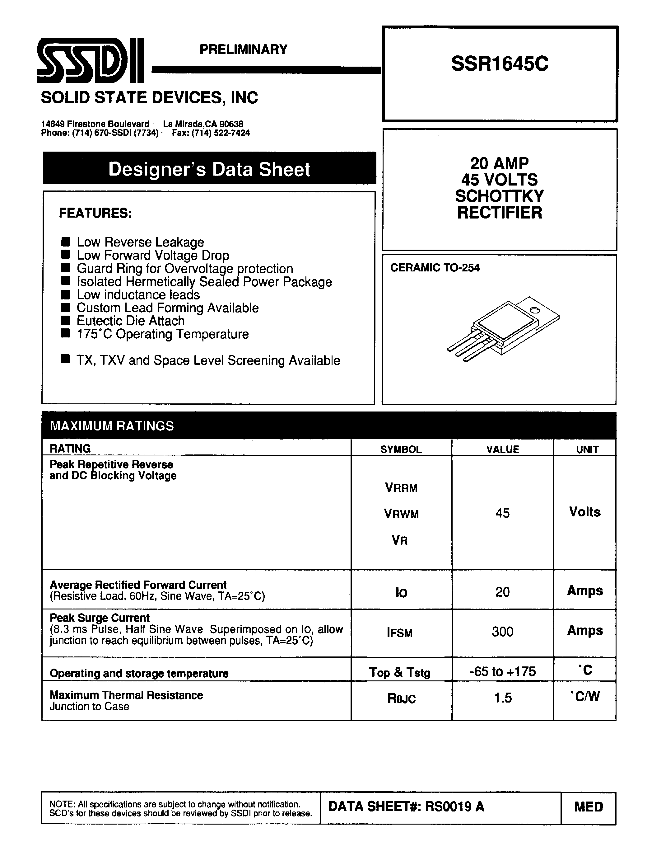 Datasheet SSR1645C - SCHOTTKY RECTIFIER page 1