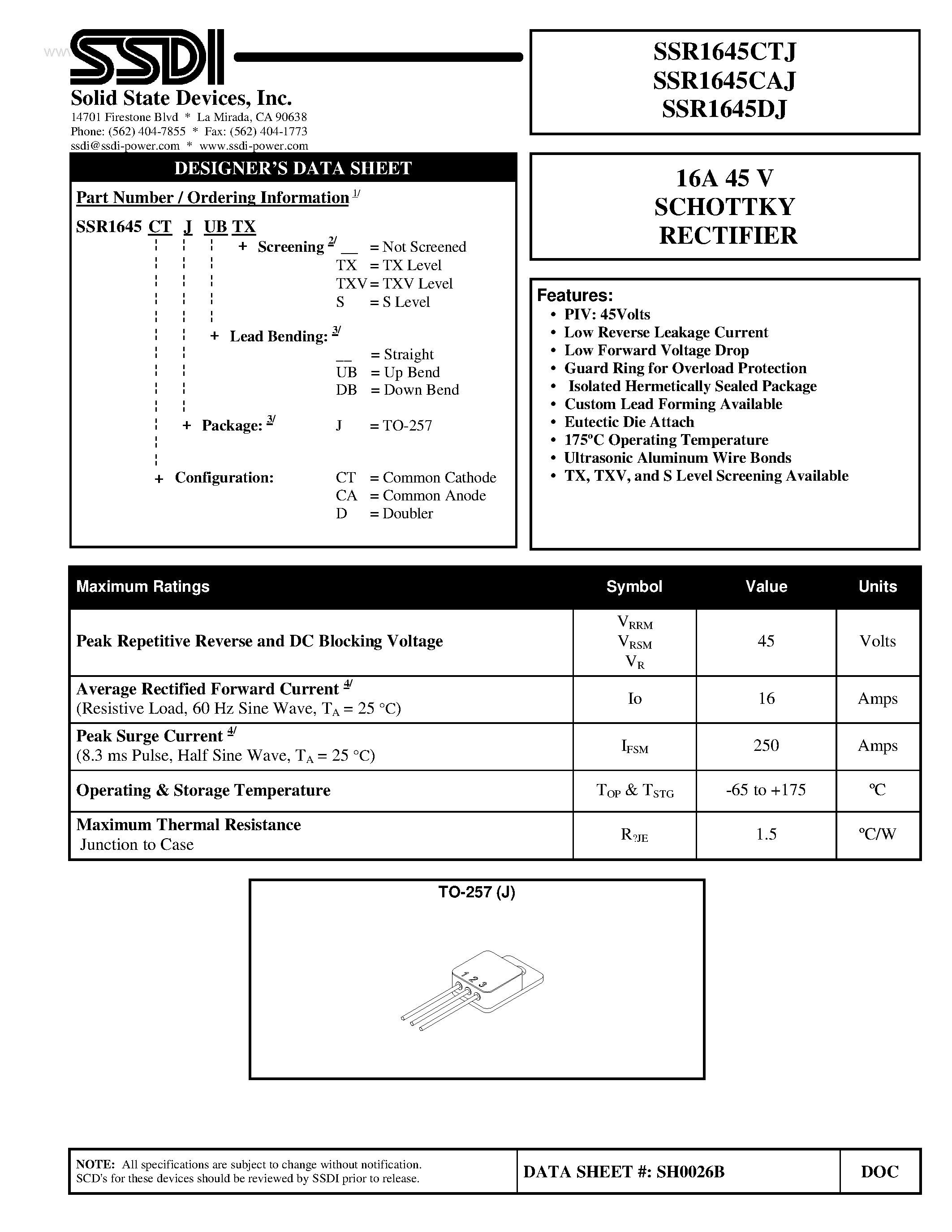 Даташит на микросхему SSR1645CAJ страница 1 Даташит SSR1645CAJ - (SSR1645xxJ) SCHOTTKY RECTIFIER страница 1